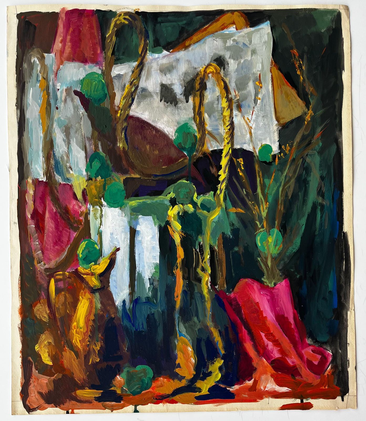 Guy Nicodabstract Still Life With Green Spheres Yellow Rope And Pink Cloth French Gouache photo furniture