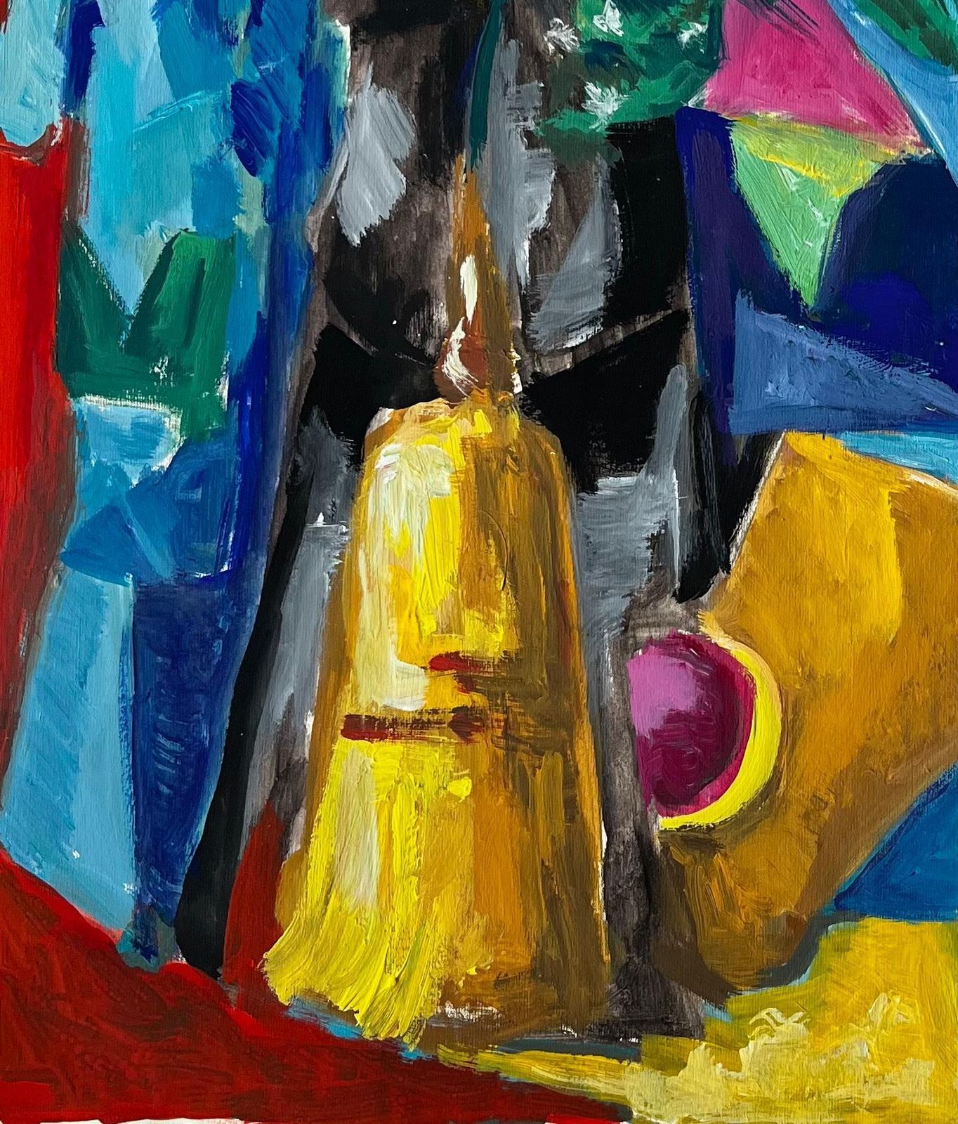 Guy Nicodabstract Cubist Still Life With Flowers Vase And Red Curtain French Gouache photo 632.0