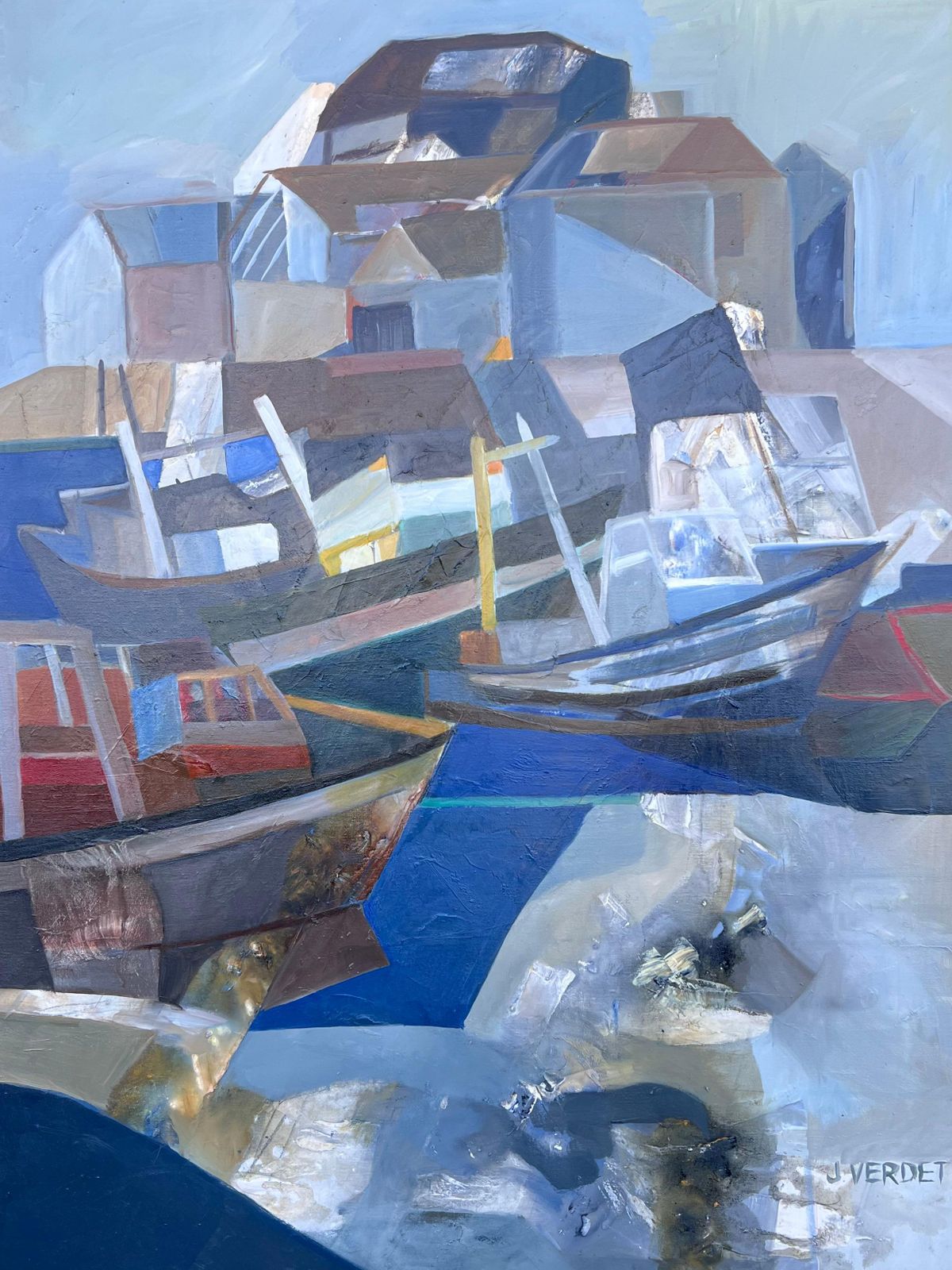 Jacqueline Verdet (1931 2023)huge French Contemporary Modernist Abstract Oil Painting Boats In Harbor