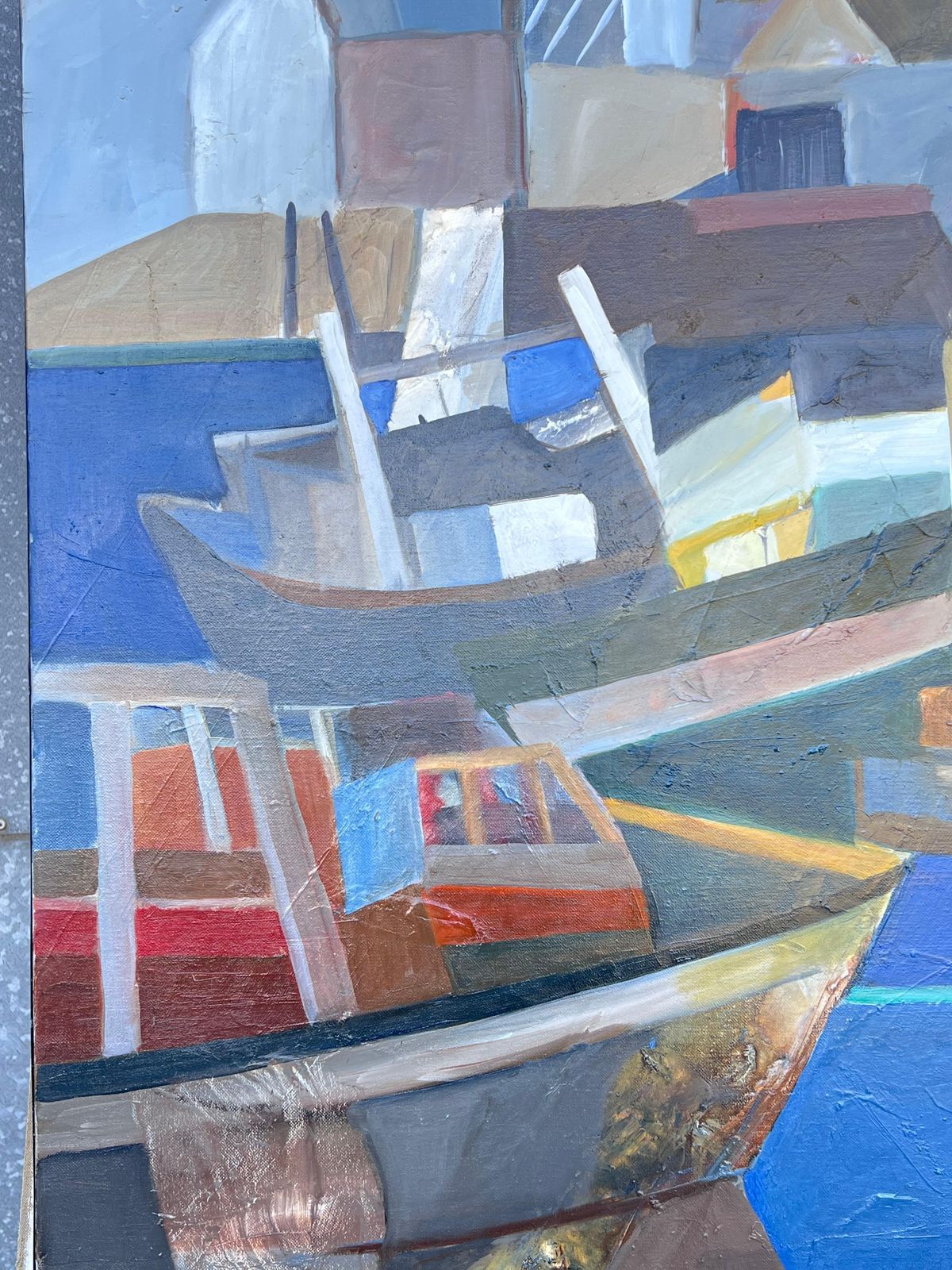 Jacqueline Verdet (1931 2023)huge French Contemporary Modernist Abstract Oil Painting Boats In Harbor photo vintage