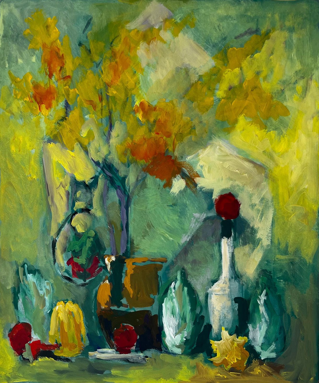 Guy Nicodstill Life With Yellow Flowers Bottle And Autumn Leaves French Modernist Gouache