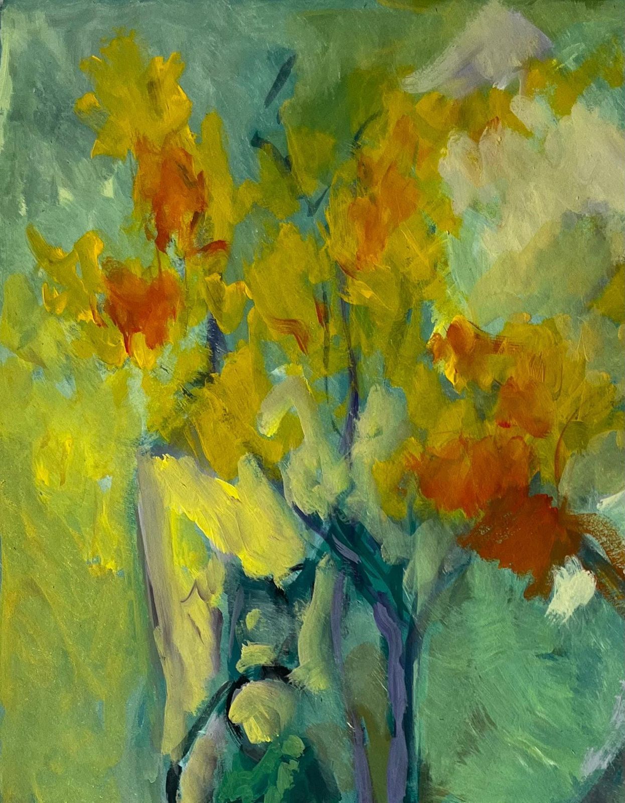 Guy Nicodstill Life With Yellow Flowers Bottle And Autumn Leaves French Modernist Gouache photo for sale