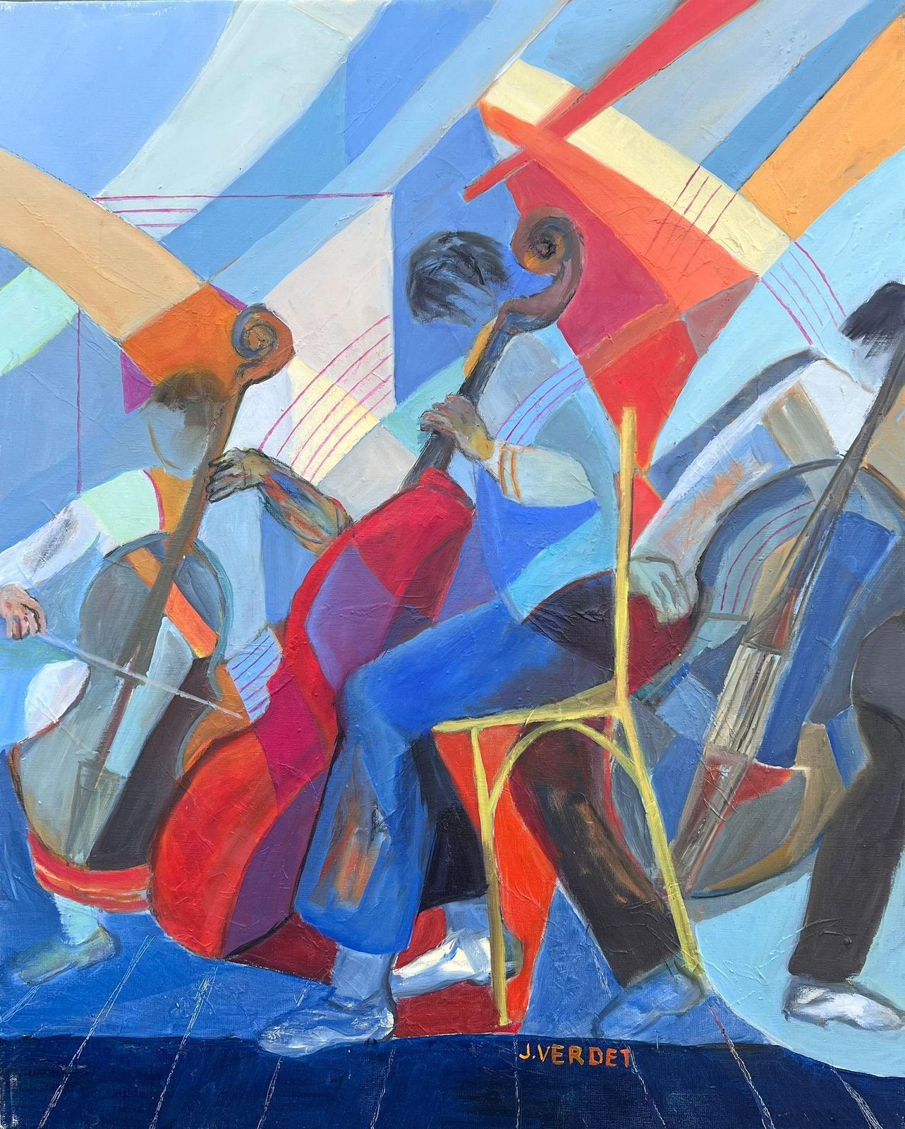 Jacqueline Verdet (1931 2023)huge French Contemporary Modernist Abstract Oil Painting Musicians Double Bass