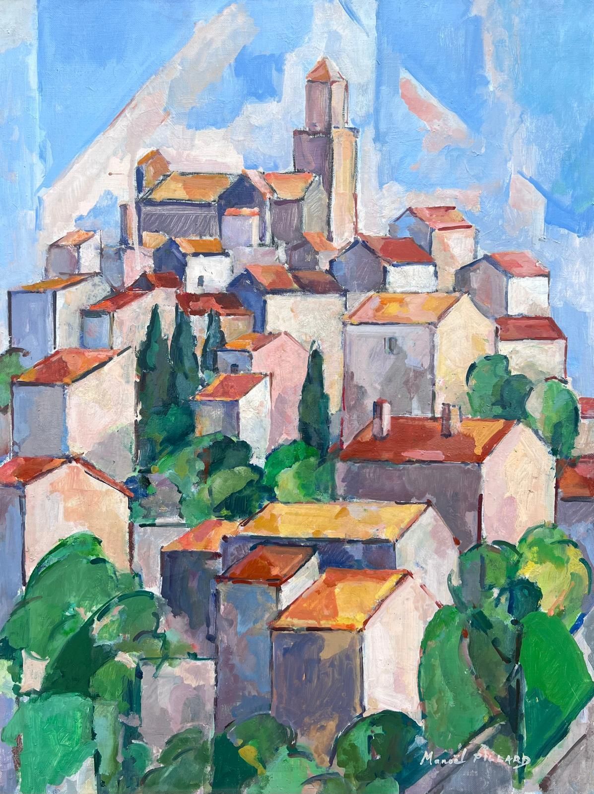 Mid Century Frenchprovencal Hill Top Perched Village Cubist Signed 1950's French Oil Painting