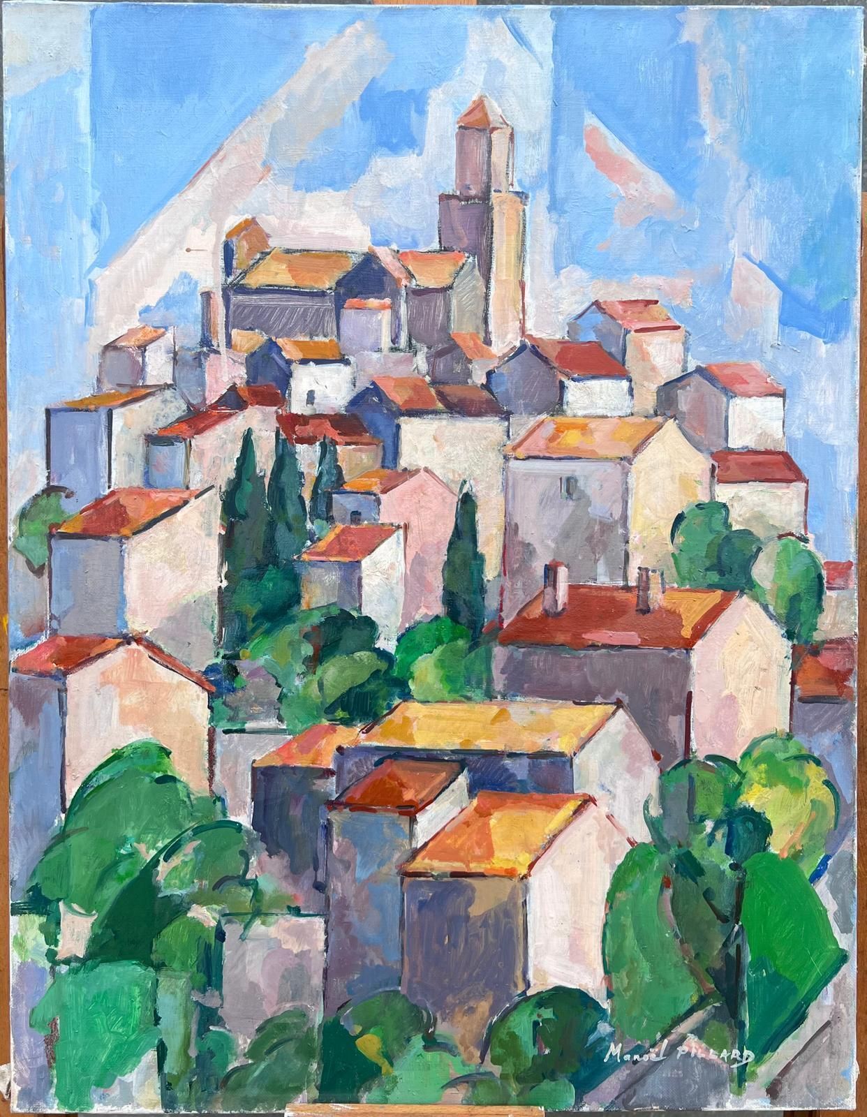 Mid Century Frenchprovencal Hill Top Perched Village Cubist Signed 1950's French Oil Painting photo furniture
