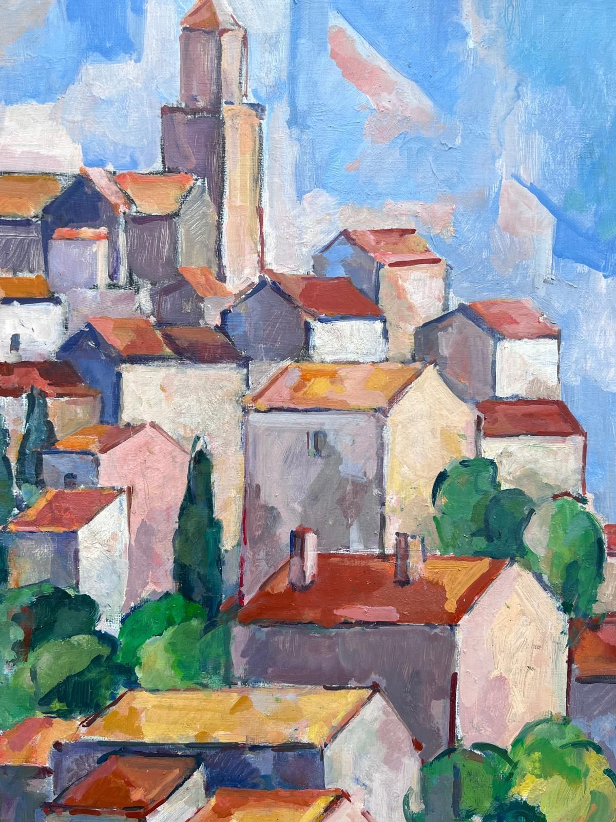 Mid Century Frenchprovencal Hill Top Perched Village Cubist Signed 1950's French Oil Painting photo for sale