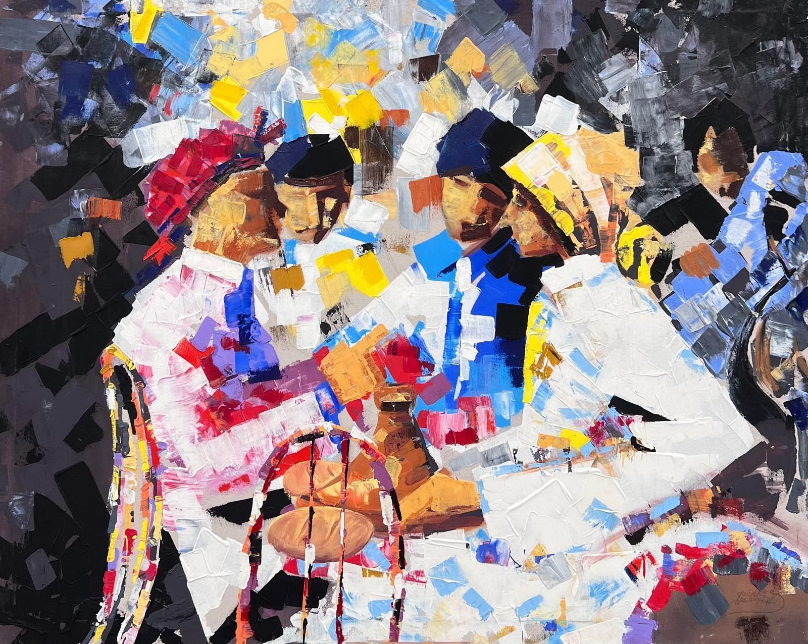 French Contemporaryvery Large Colorful French Oil Painting Group Of Figures Chatting In Cafe Park