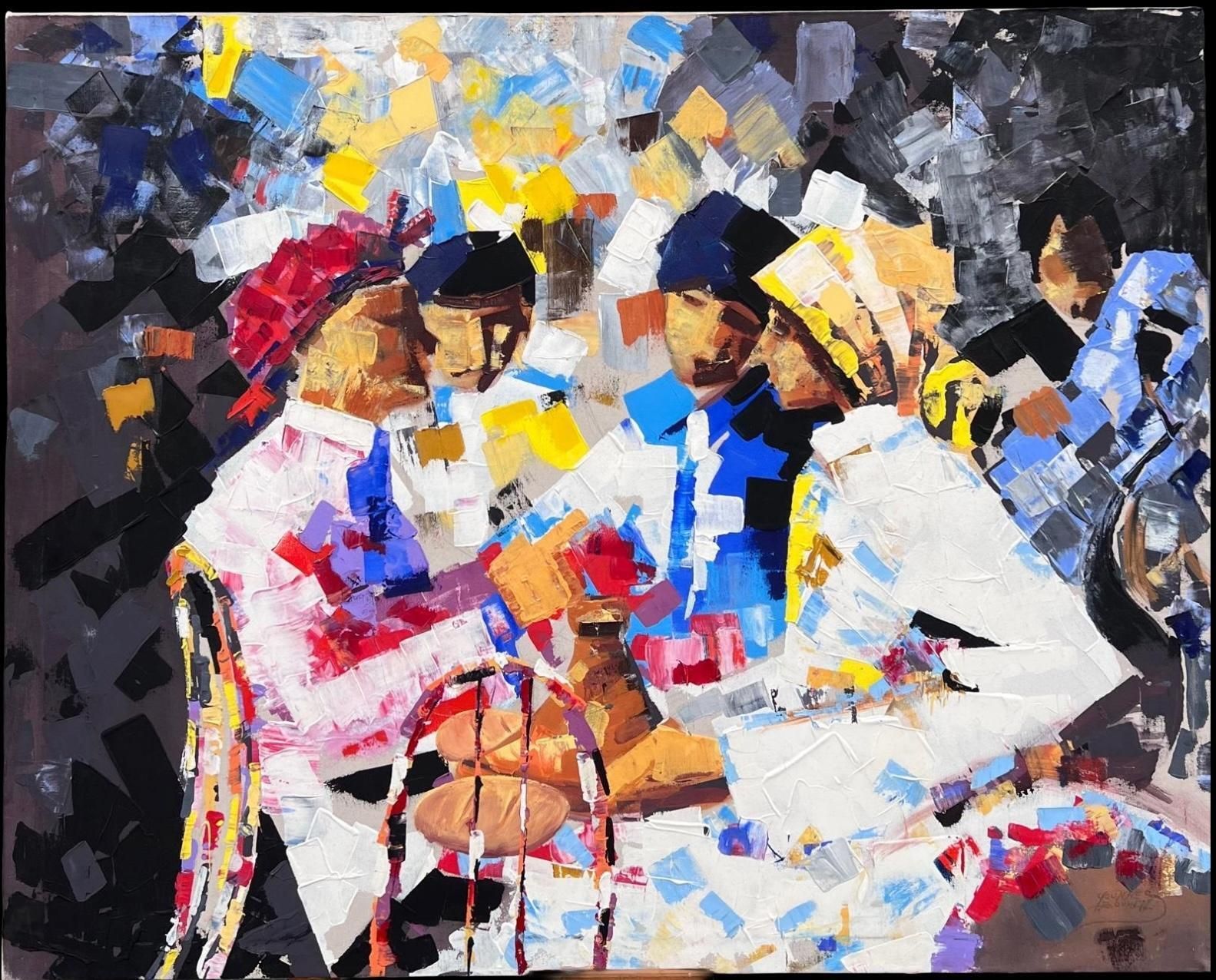 French Contemporaryvery Large Colorful French Oil Painting Group Of Figures Chatting In Cafe Park photo furniture