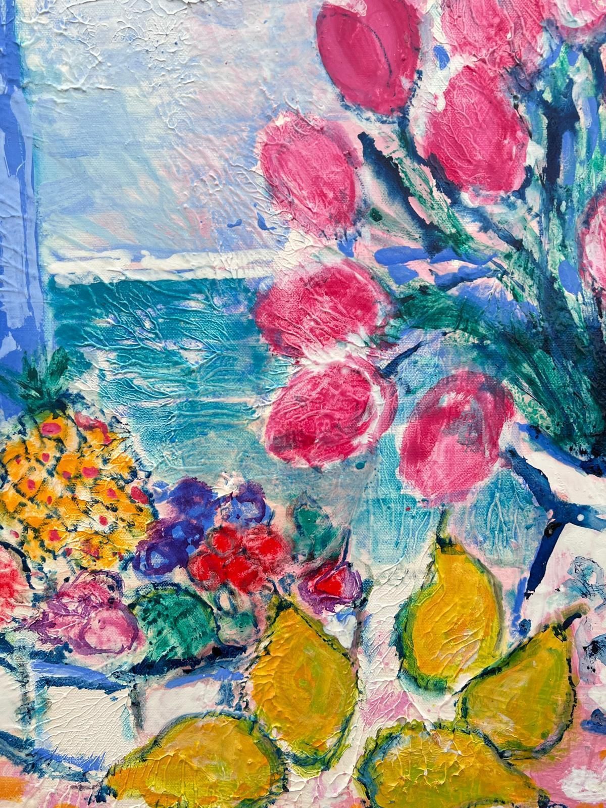 French Modernisttulips & Lemons In Sunny Window Mediterranean Sea Signed French Oil Painting photo vintage