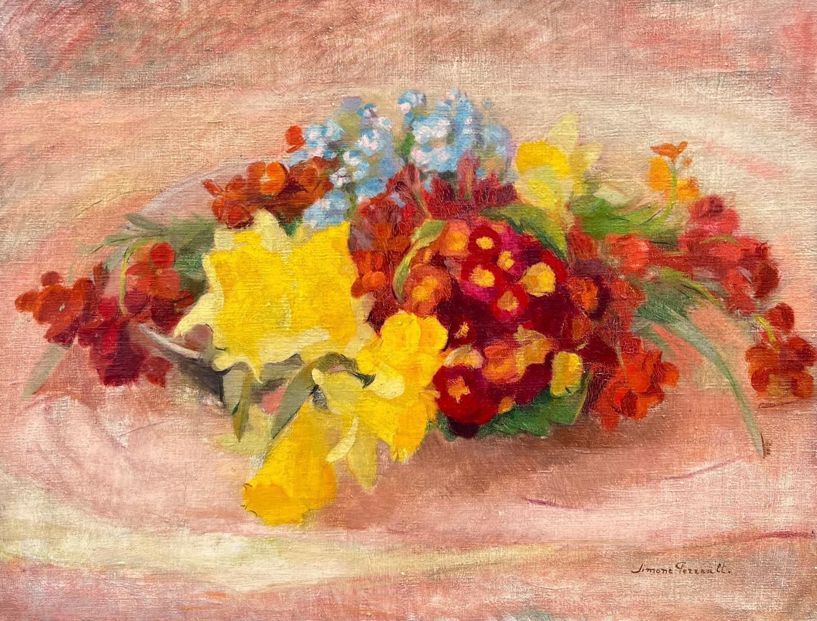 Simone Perraultbeautiful Vintage French Oil Painting Still Life Flowers On Table Top, Large Oil