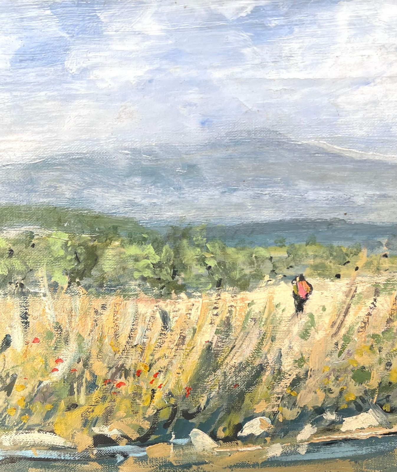 Jean Eric Turquin1950's French Signed Oil Painting Figure Walking Wild Flower Meadows photo for sale