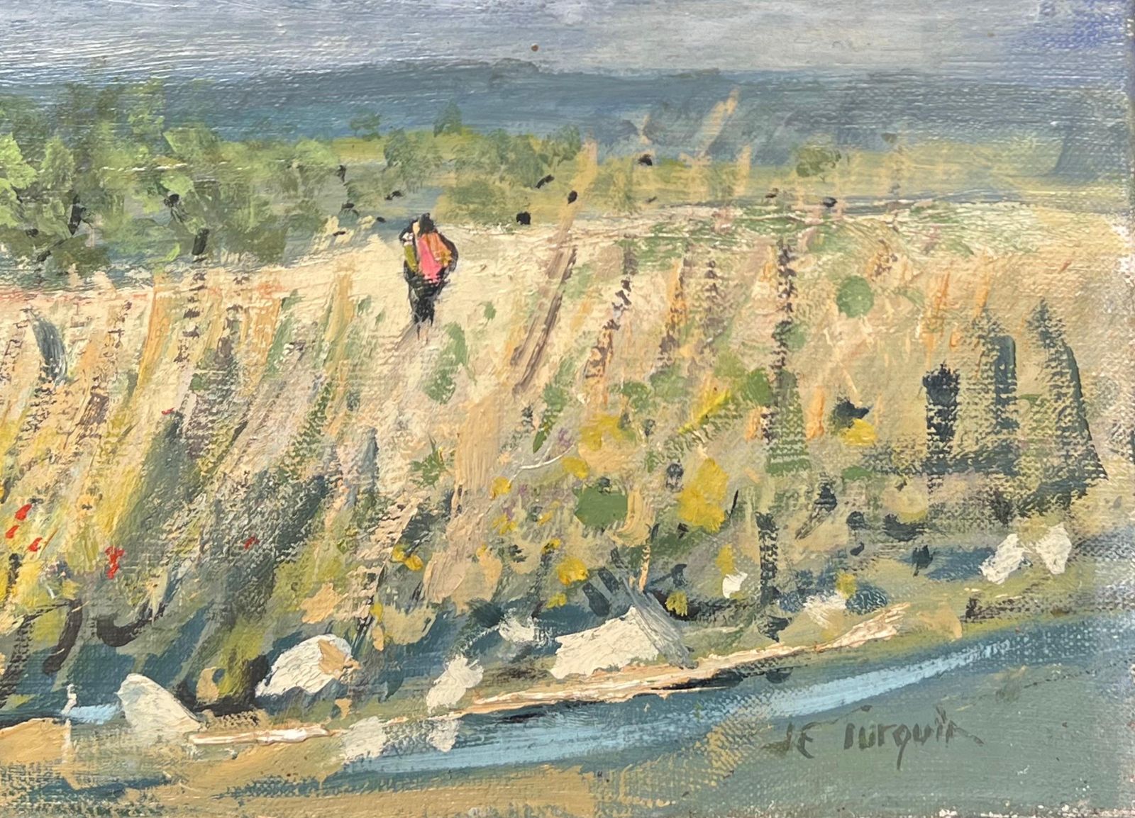 Jean Eric Turquin1950's French Signed Oil Painting Figure Walking Wild Flower Meadows photo vinterior