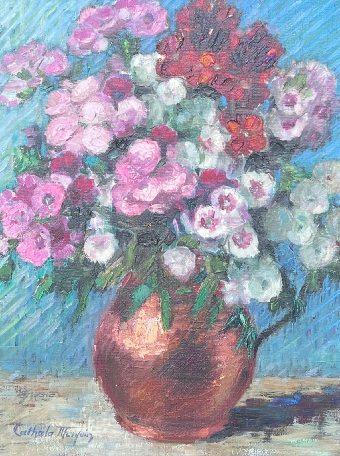 Nelly Cathala Mongoin (1916)fine Mid 20th Century French Still Life Oil Painting Flowers In Copper Pitcher photo furniture
