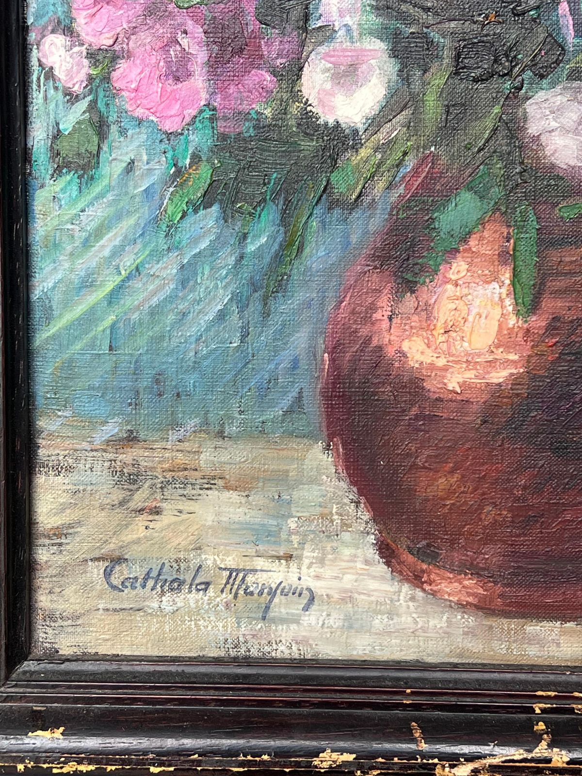 Nelly Cathala Mongoin (1916)fine Mid 20th Century French Still Life Oil Painting Flowers In Copper Pitcher photo Art