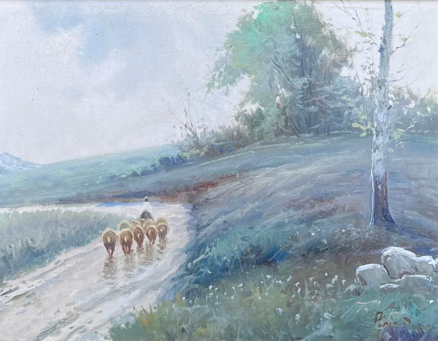 Antique Frenchshepherd & Sheep Misty French Landscape Rural Country Lane Signed Oil Painting photo furniture