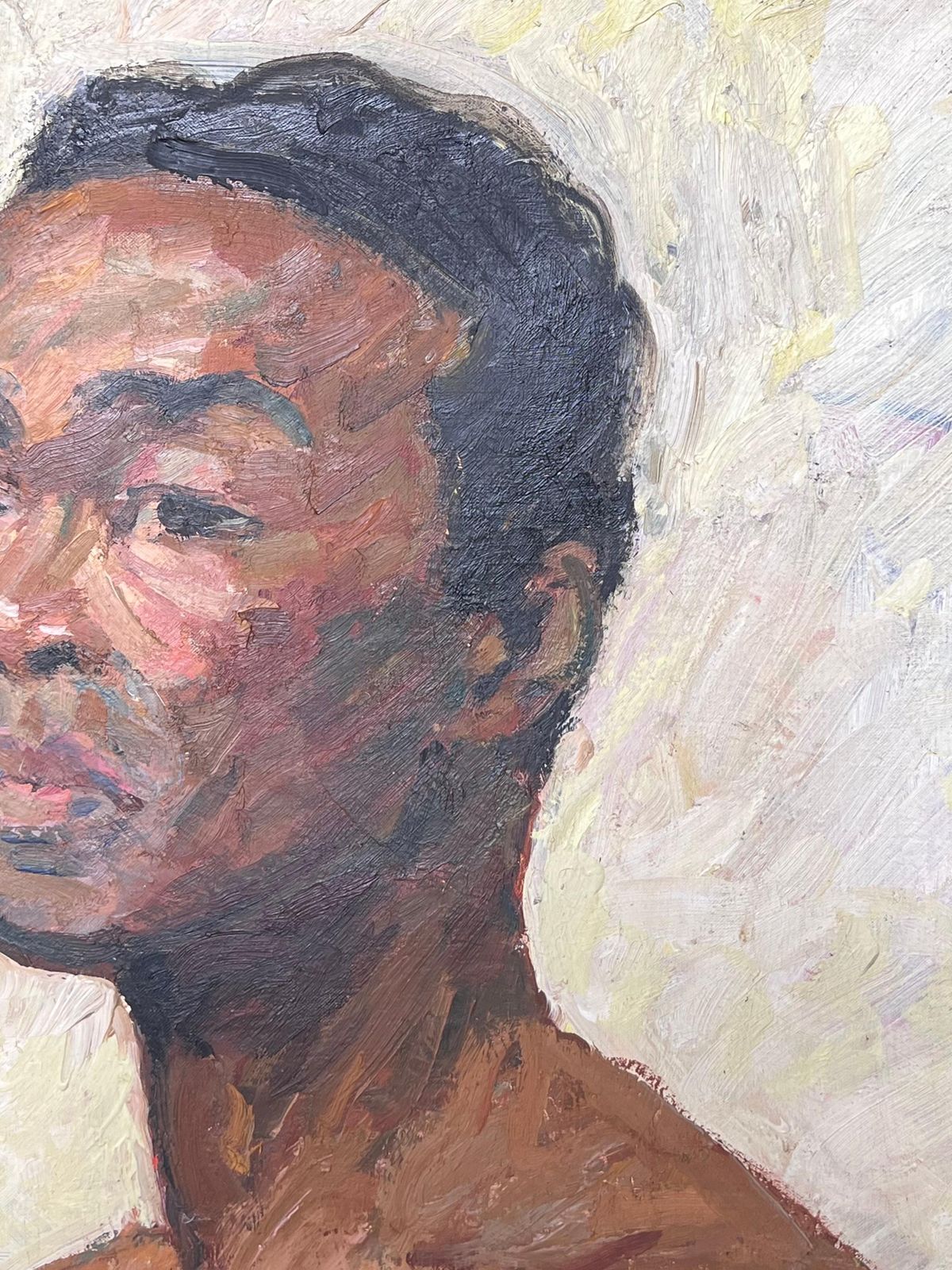 Suzanne Dinkesmid Century French Oil Painting Half Length Male Nude Portrait Seated Man1950's photo Art