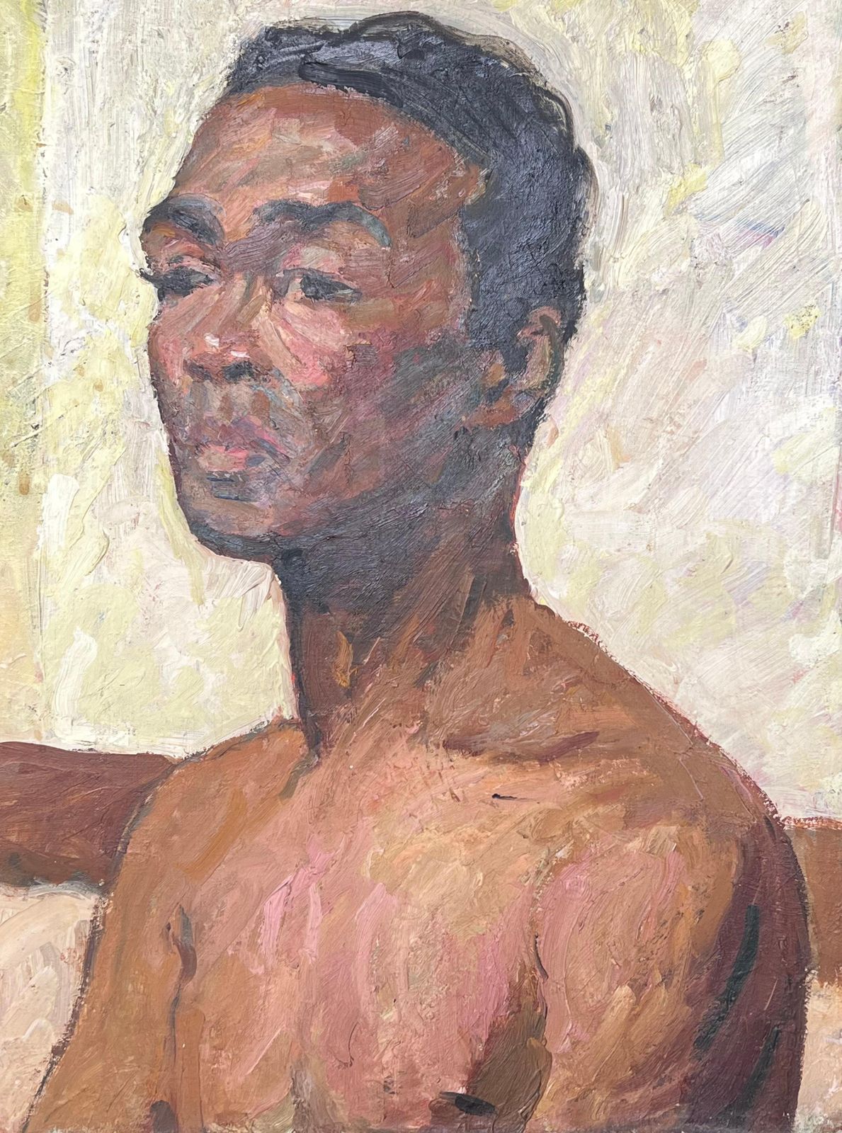 Suzanne Dinkesmid Century French Oil Painting Half Length Male Nude Portrait Seated Man1950's photo vinterior