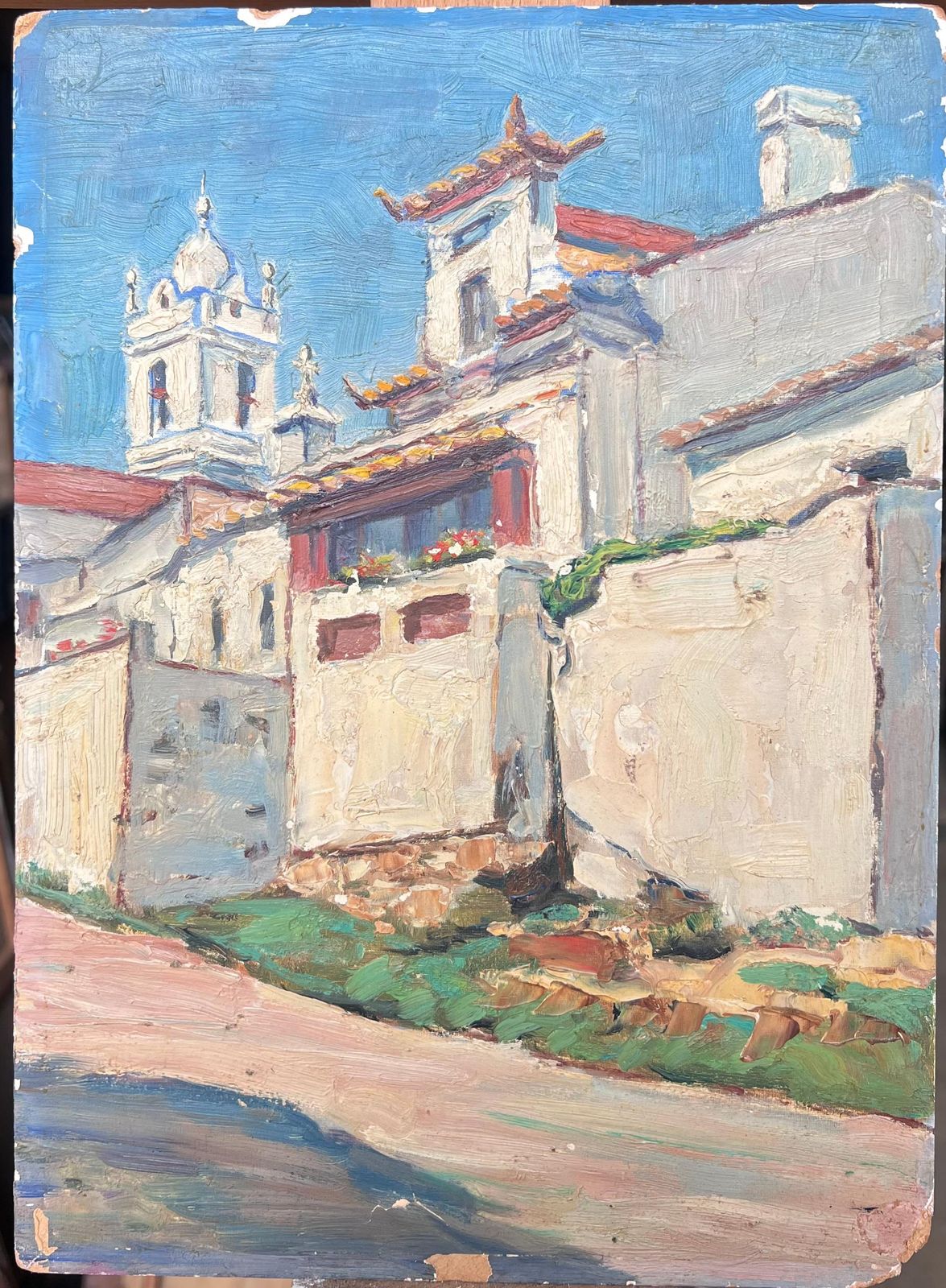 L. Descatoire (19th 20th Century) San Martino Portugal 1930's French Oil Painting White Washed Village Houses photo furniture