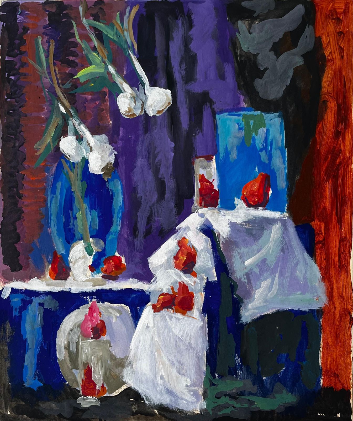 Guy Nicodstill Life With Garlic Strawberries And Blue Vase French Modernist Gouache