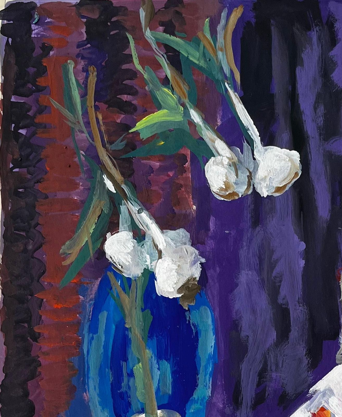 Guy Nicodstill Life With Garlic Strawberries And Blue Vase French Modernist Gouache photo for sale