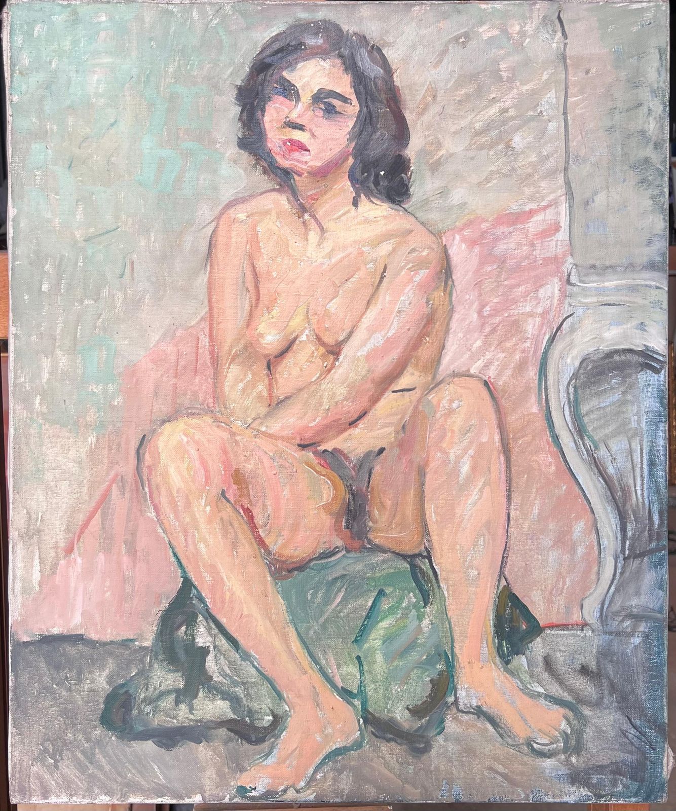 Suzanne Dinkesfull Body Nude Female Study Posed On Stall French Mid Century Painting1950's photo furniture