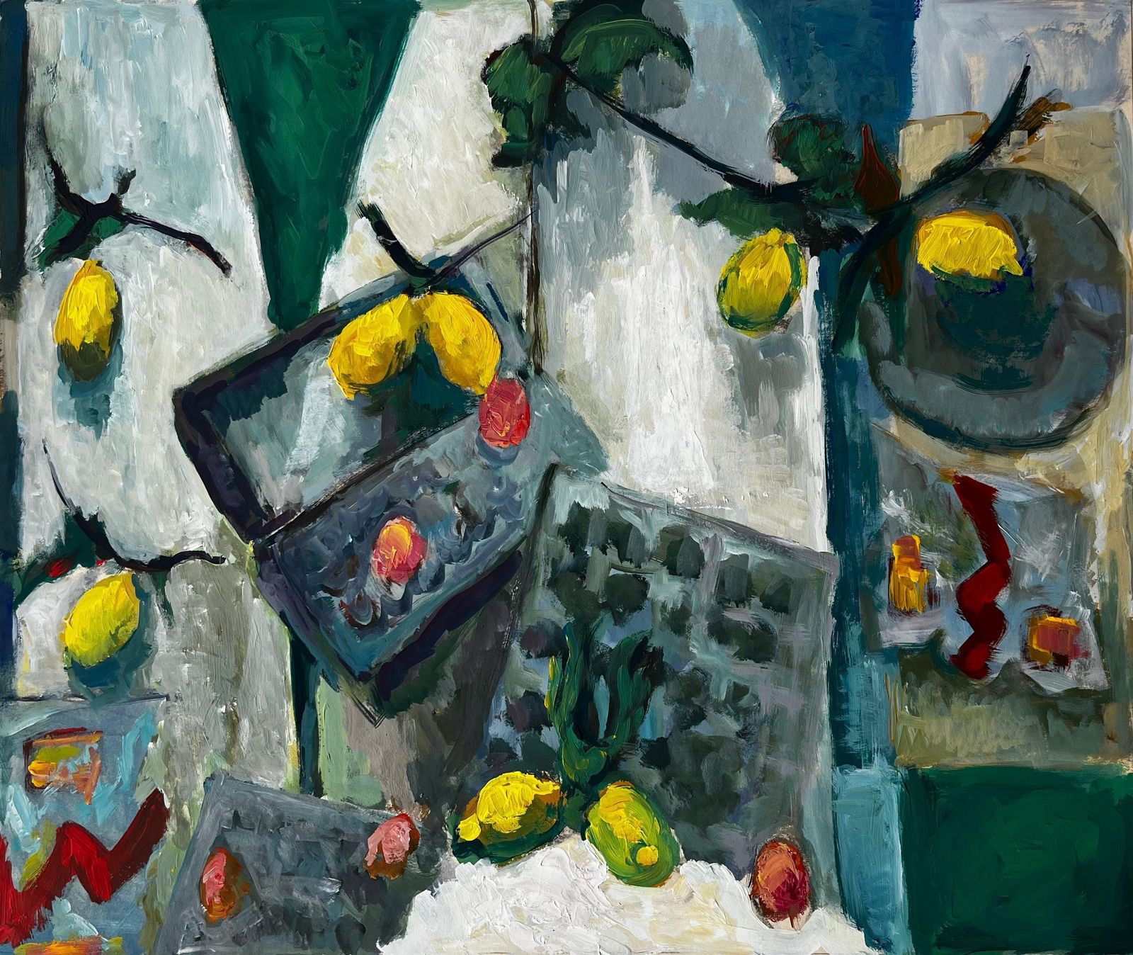 Guy Nicod Still Life With Lemons Fruit Boxes And Green Leaves French Modernist Gouache