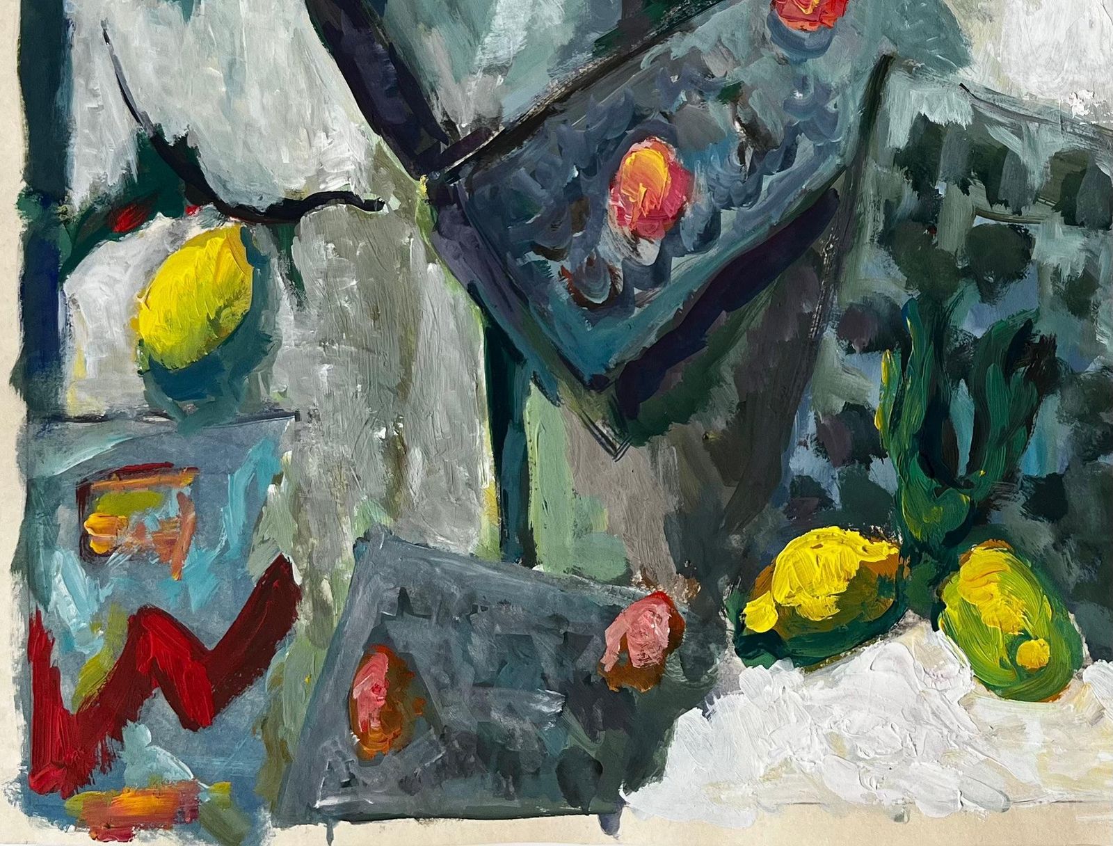 Guy Nicod Still Life With Lemons Fruit Boxes And Green Leaves French Modernist Gouache photo vinterior