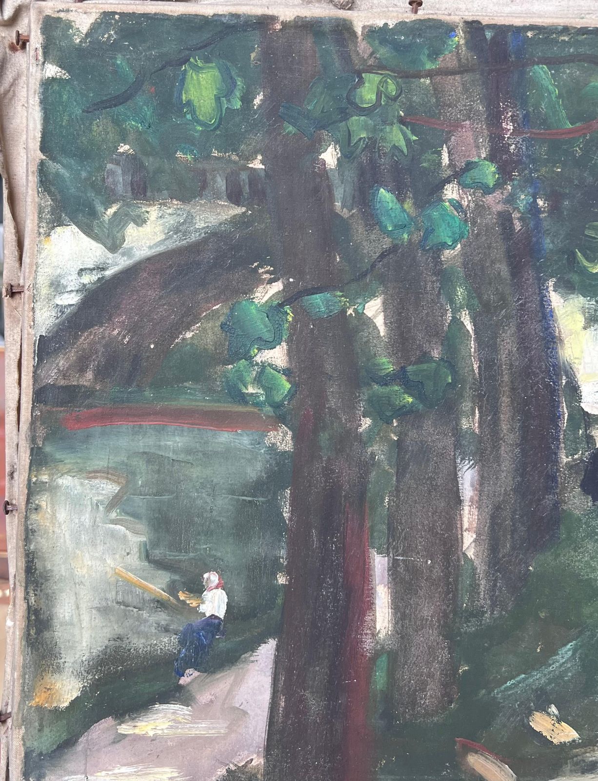 Suzanne Dinkesfigures Sunbathing By The Woodland River Bay French Mid Century Painting1950's photo vinterior