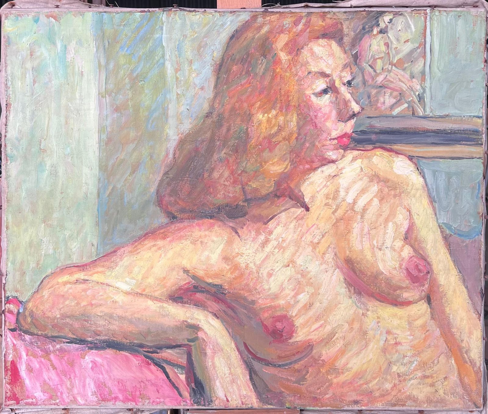 Suzanne Dinkesportrait Of A Posed Nude Lady On A Pink Sofa Mid Century French Painting1950's photo furniture