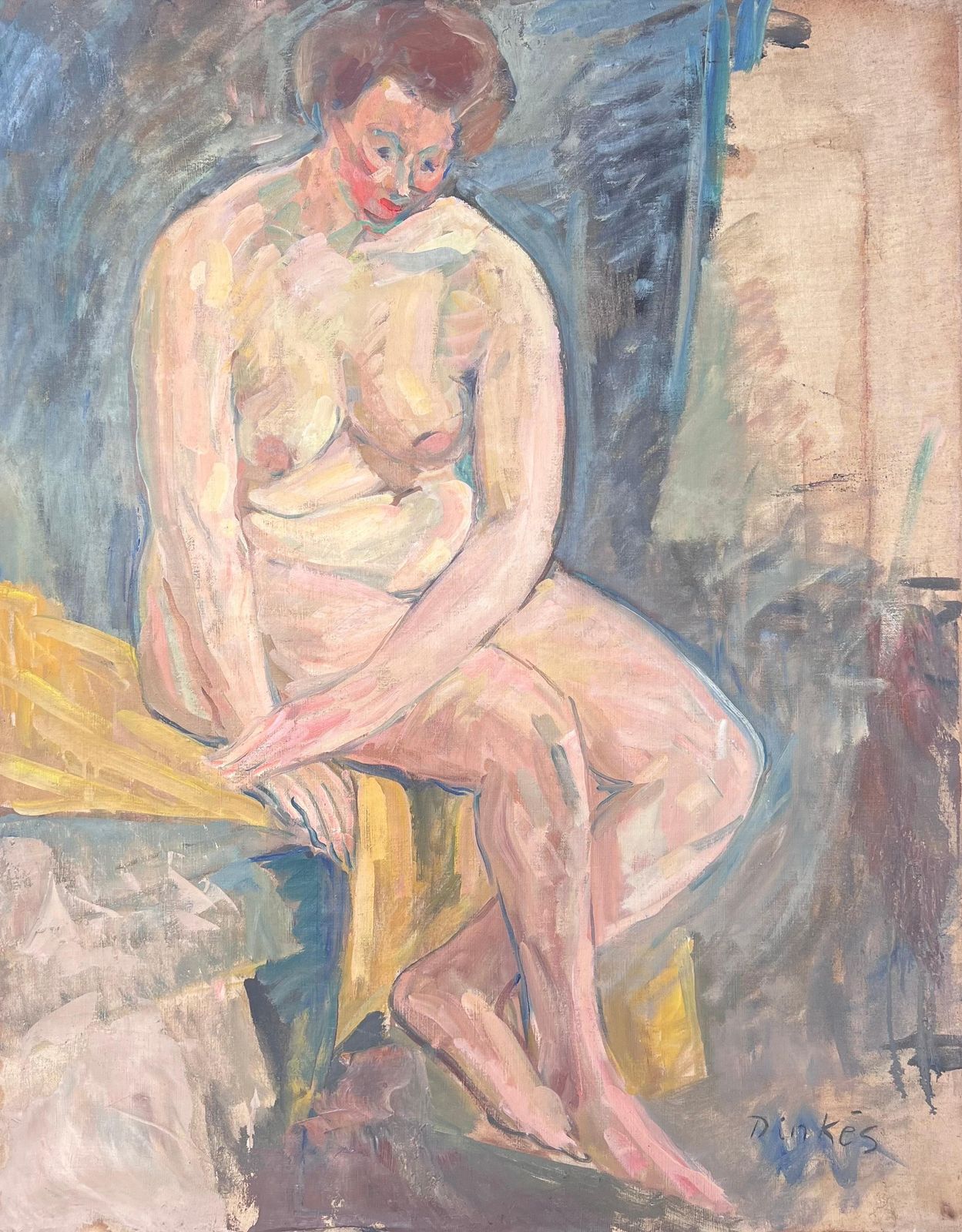 Suzanne Dinkesportrait Of A Nude Lady Sat On Yellow Blanket Gazed Down French Painting1950's photo furniture