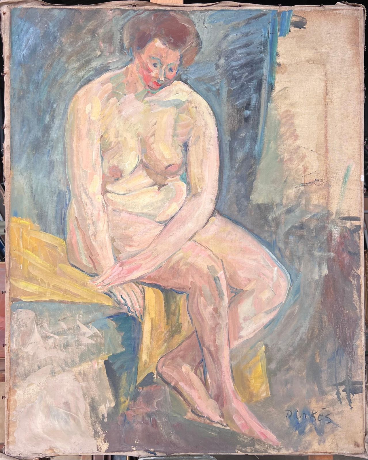 Suzanne Dinkesportrait Of A Nude Lady Sat On Yellow Blanket Gazed Down French Painting1950's photo for sale