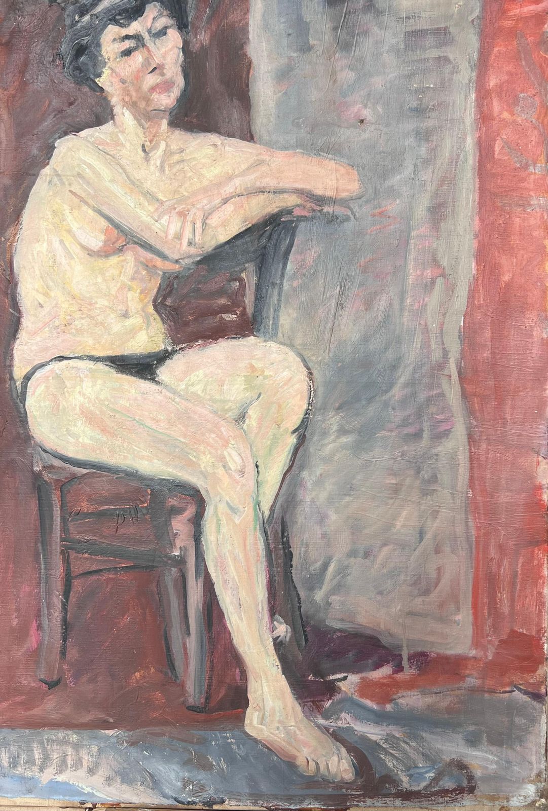 Suzanne Dinkesportrait Of A Nude Lady Posed On Chair Down French Mid Century Painting1950's photo for sale