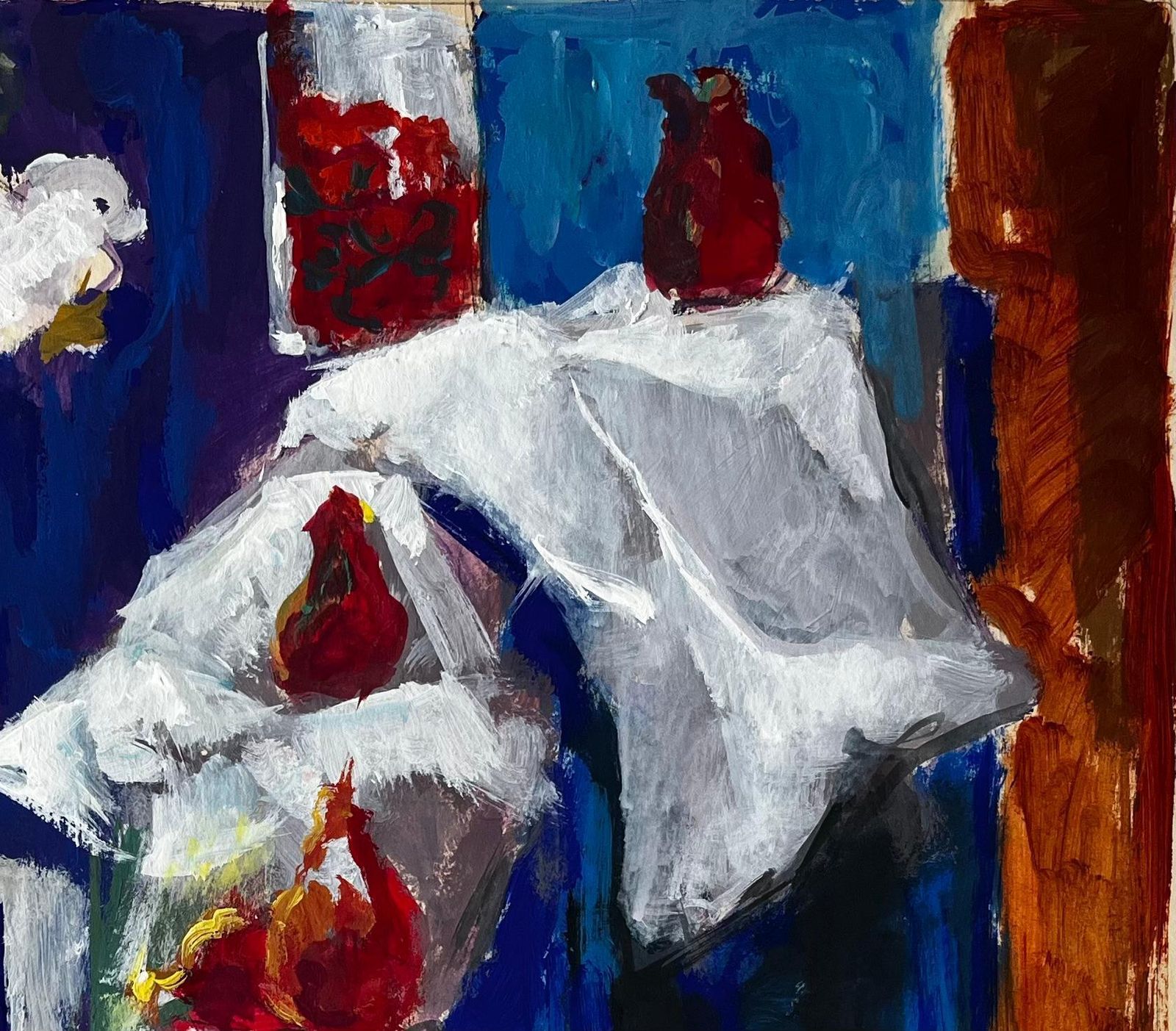 Guy Nicodstill Life With Garlic Strawberries And White Drapes French Modernist Gouache photo Art