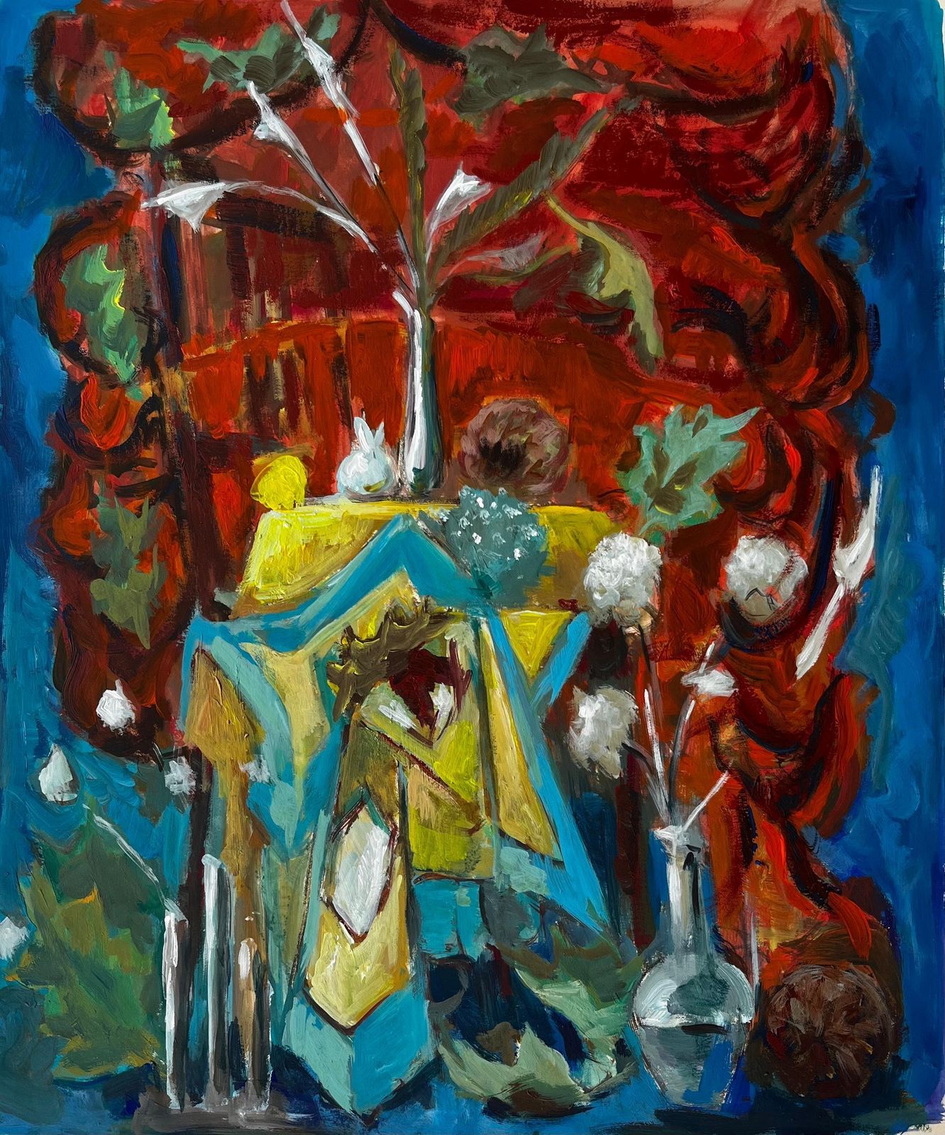 Guy Nicodfrench Modernist Still Life With Blue And Yellow Drapes And Red Background