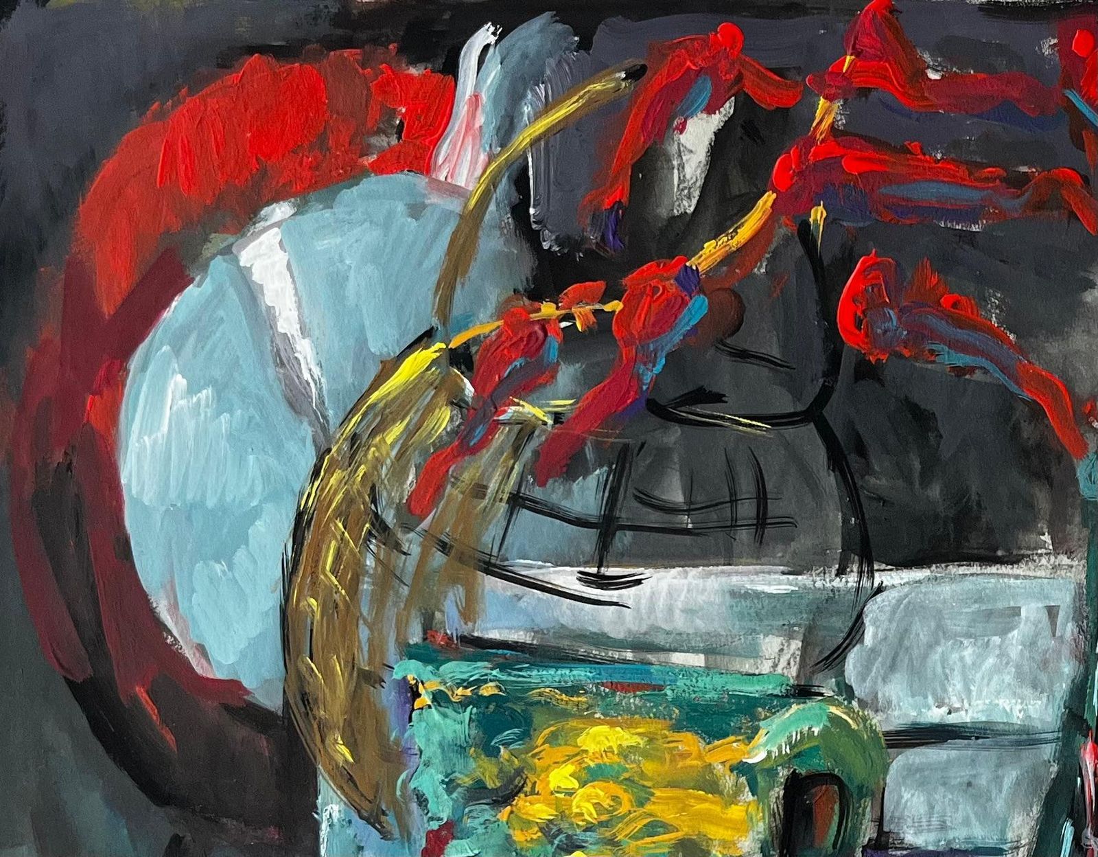 Guy Nicodstill Life With Yellow Cup Basket And Red Flowers French Modernist Gouache photo for sale