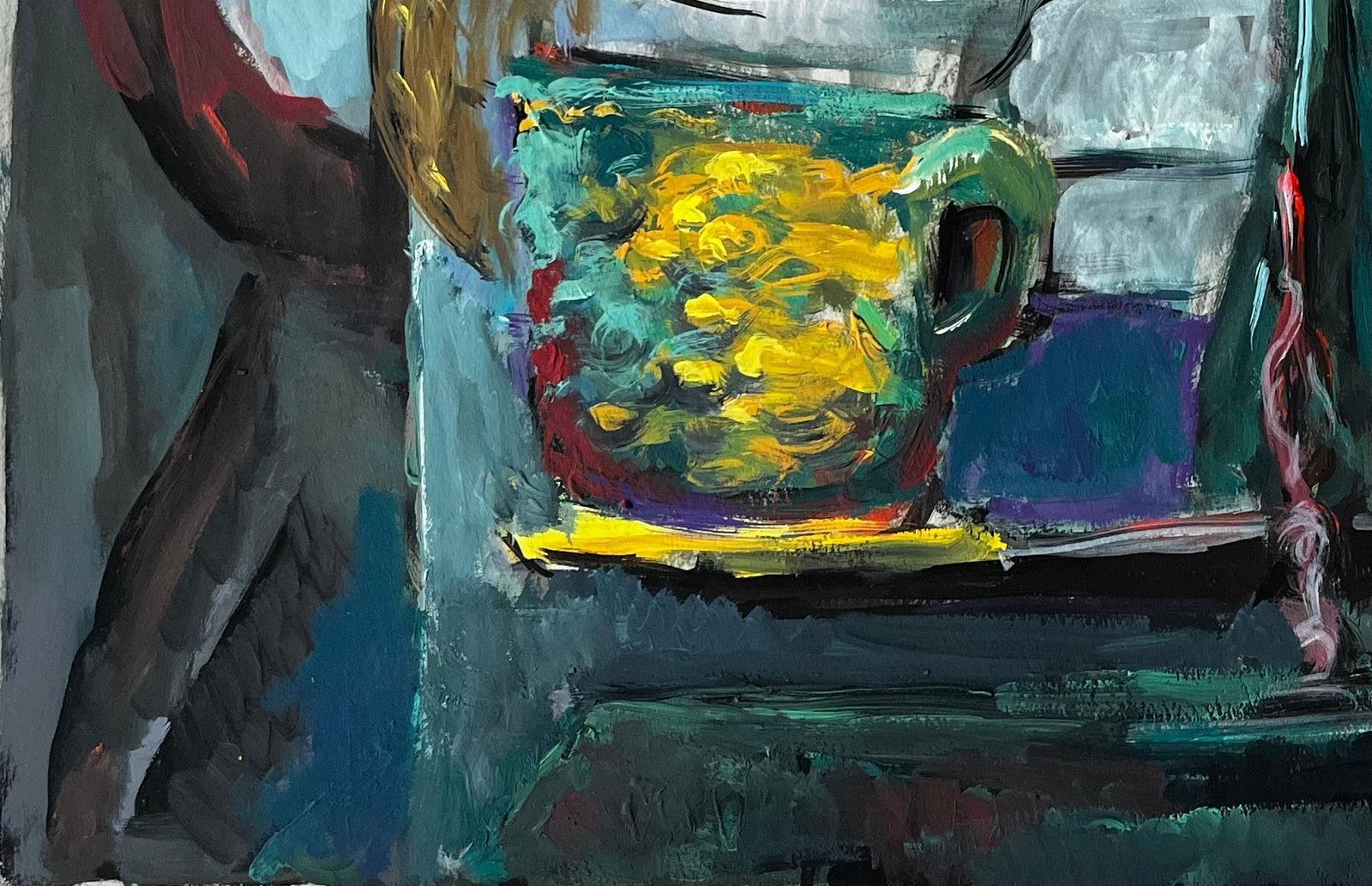 Guy Nicodstill Life With Yellow Cup Basket And Red Flowers French Modernist Gouache photo Art