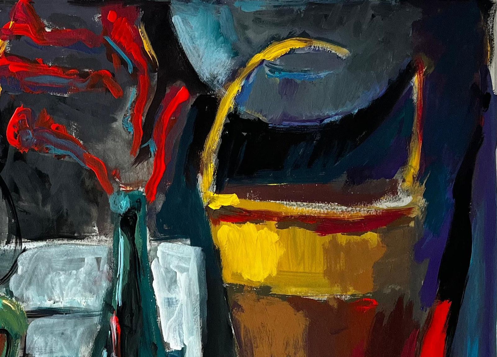 Guy Nicodstill Life With Yellow Cup Basket And Red Flowers French Modernist Gouache photo 586.0