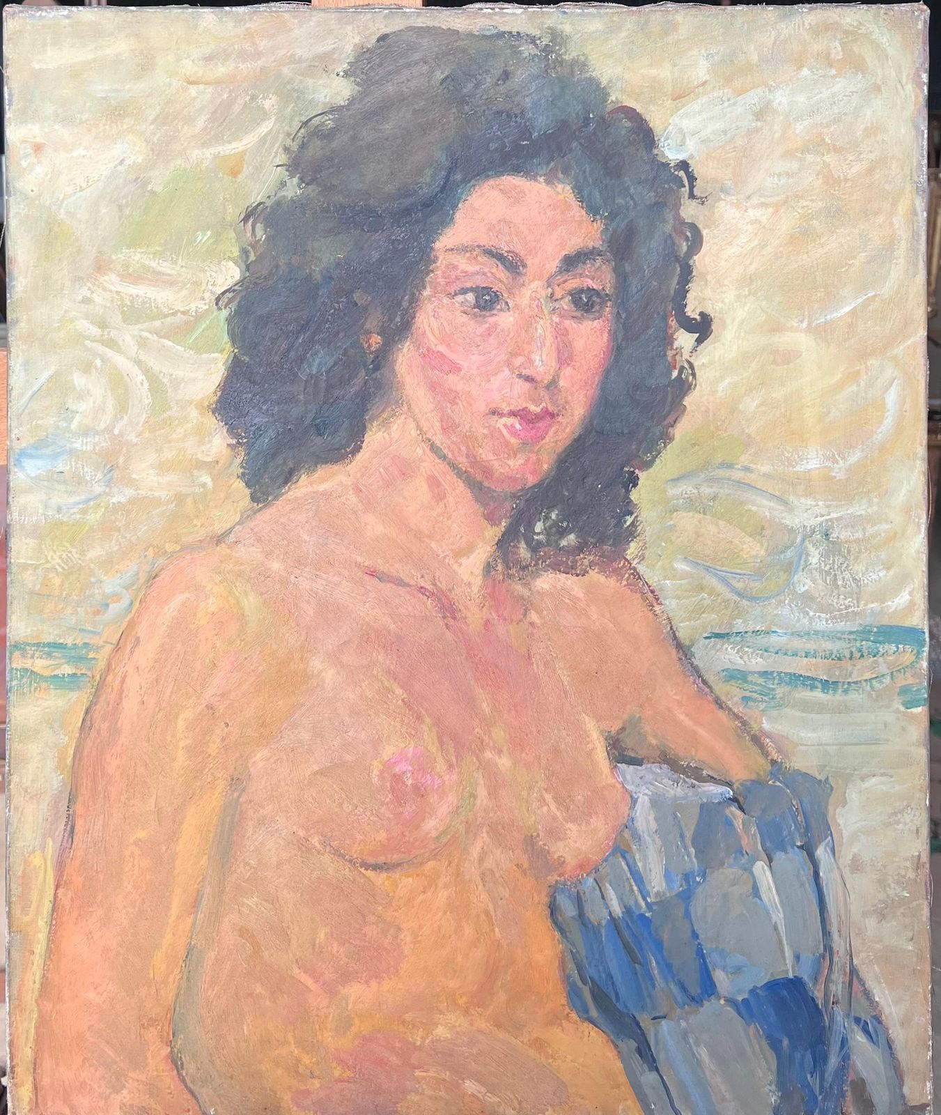 Suzanne Dinkesnude Female Study Of A Lady With Black Curly Hair Mid Century French Painting1950's photo furniture