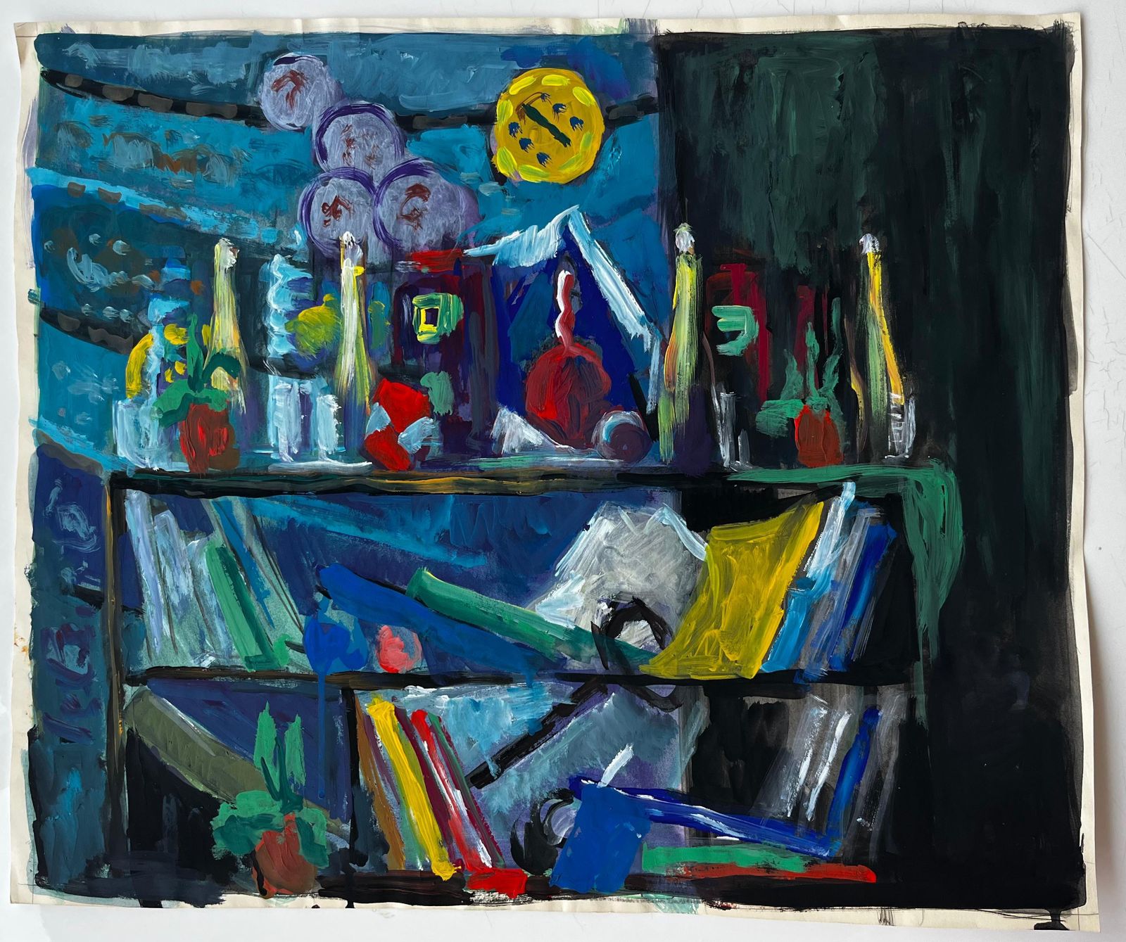 Guy Nicodstill Life With Books Bottles And Yellow Cloth French Modernist Gouache photo furniture