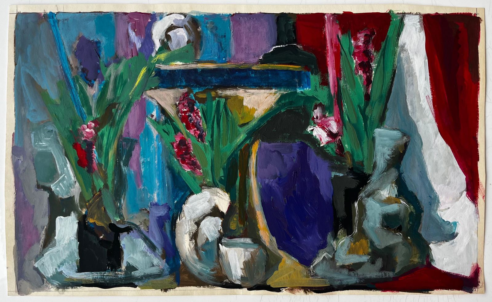 Guy Nicodfloral Still Life With Drapery And Purple Vase French Modern Gouache Painting photo furniture