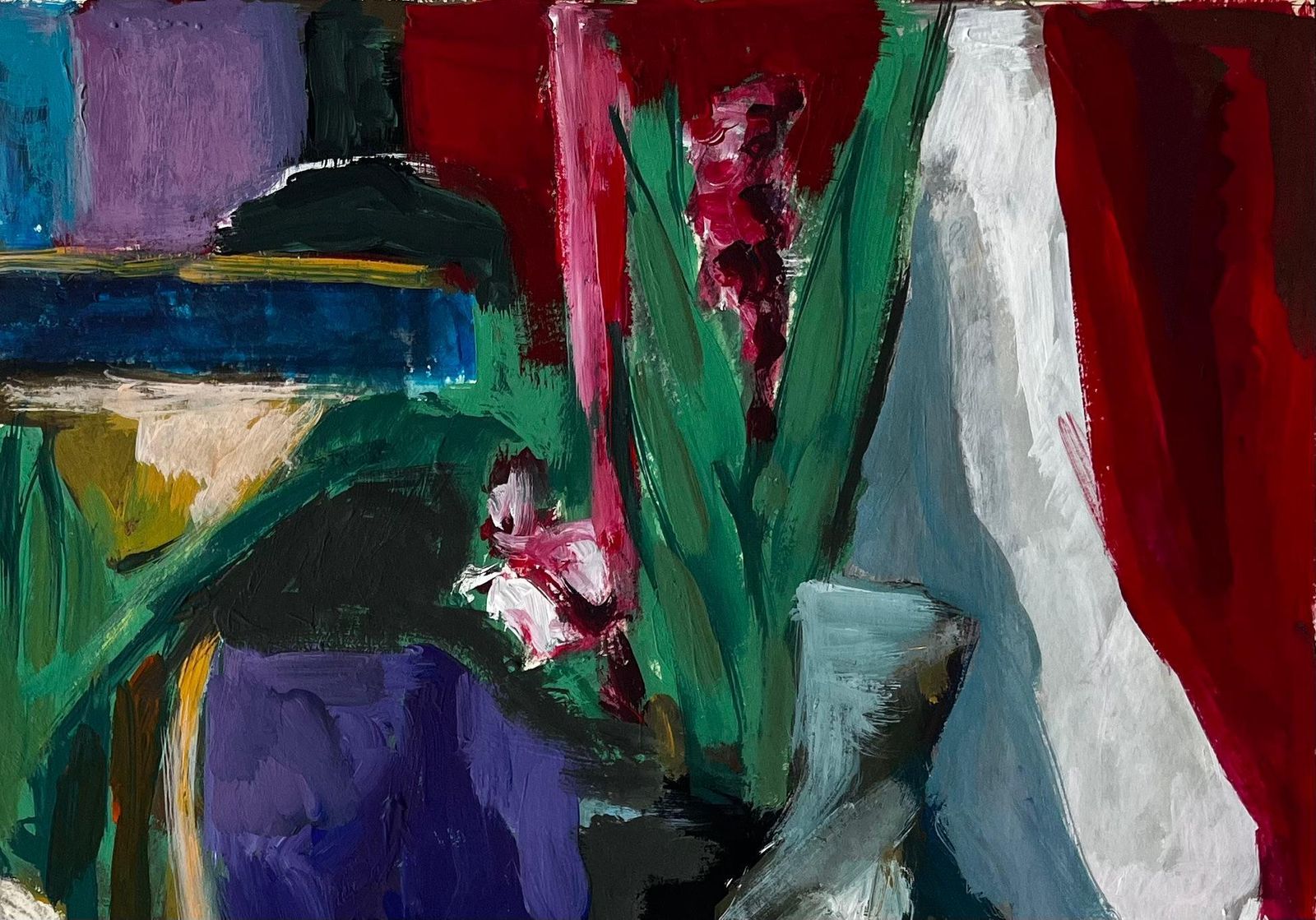 Guy Nicodfloral Still Life With Drapery And Purple Vase French Modern Gouache Painting photo vinterior
