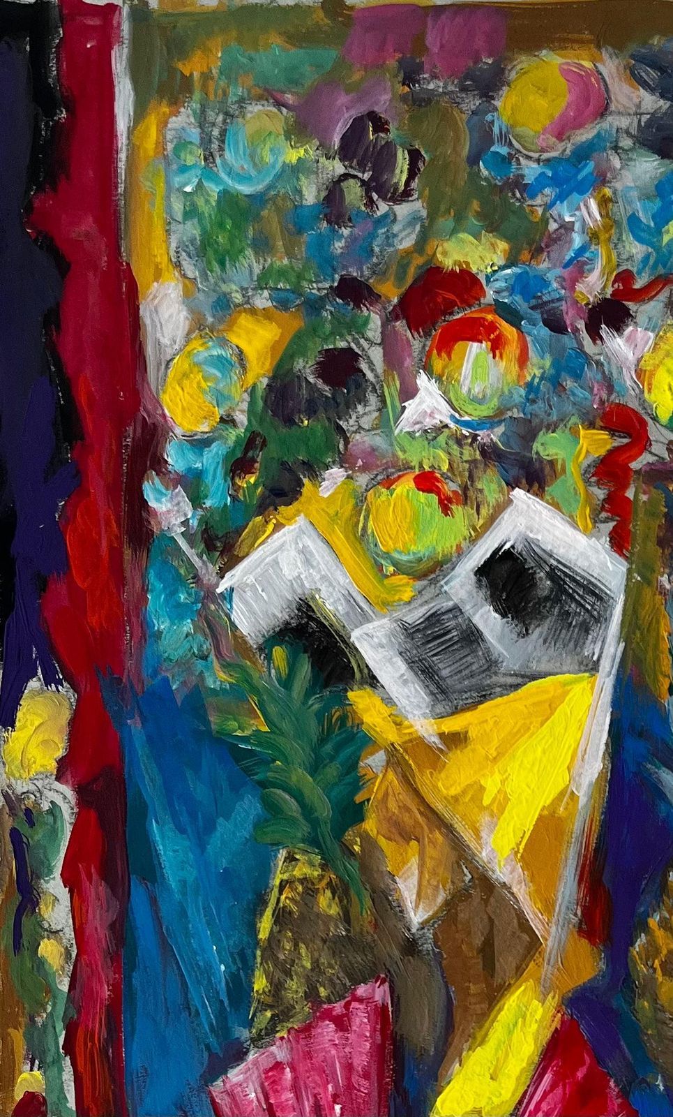 Guy Nicodvibrant Floral And Pineapple Still Life French Modern Gouache Painting photo for sale
