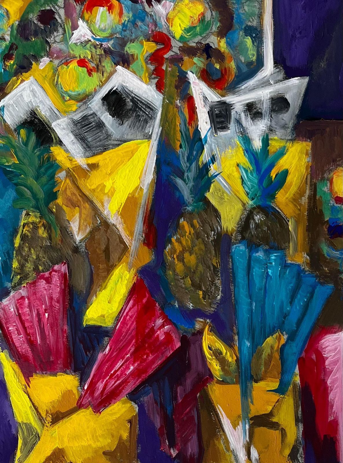 Guy Nicodvibrant Floral And Pineapple Still Life French Modern Gouache Painting photo buy