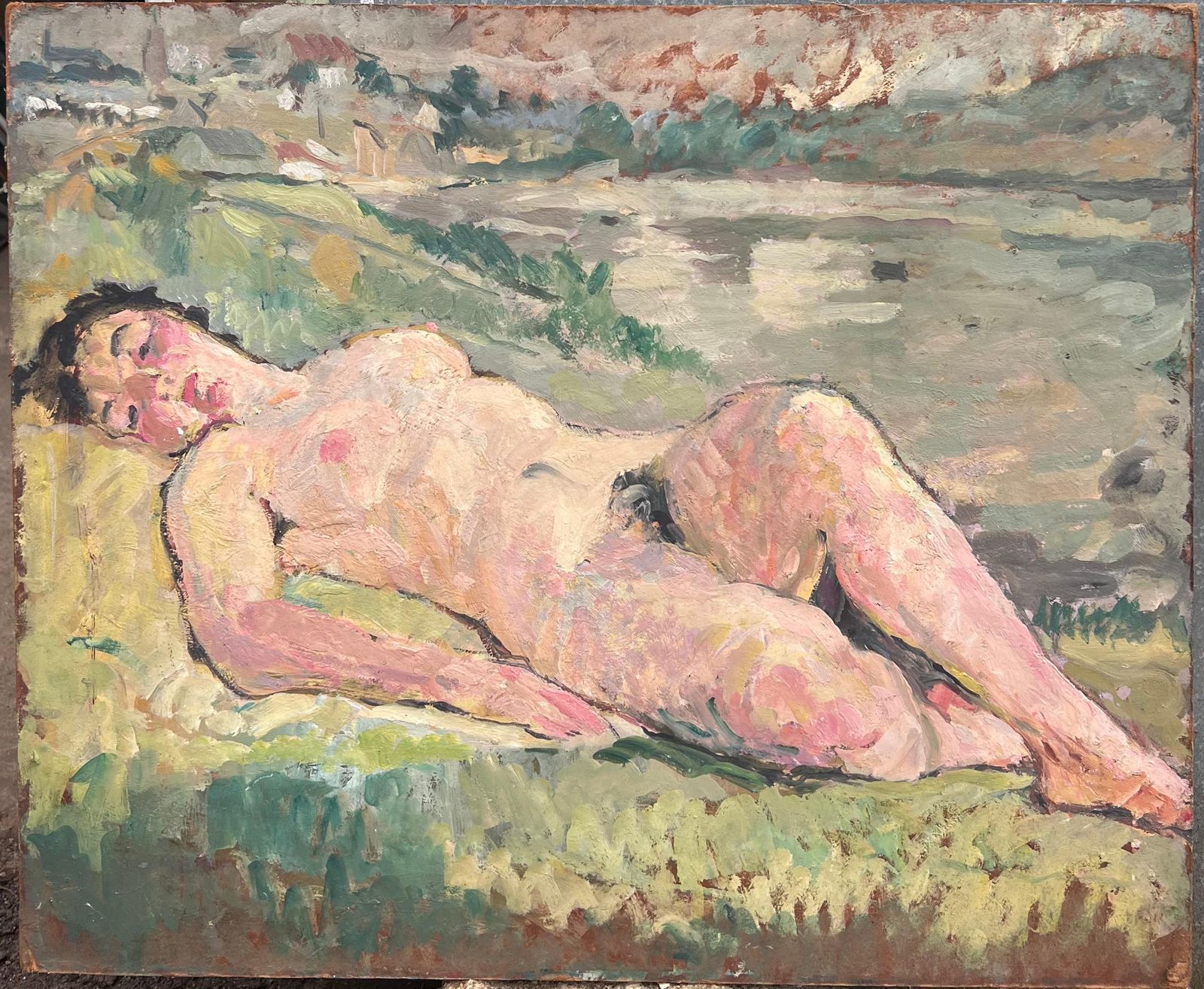 Suzanne Dinkesnude Female Study Posed On The Grass Mid Century French Painting1950's photo for sale