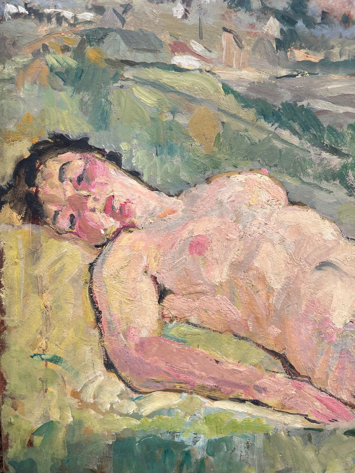 Suzanne Dinkesnude Female Study Posed On The Grass Mid Century French Painting1950's photo 707.0