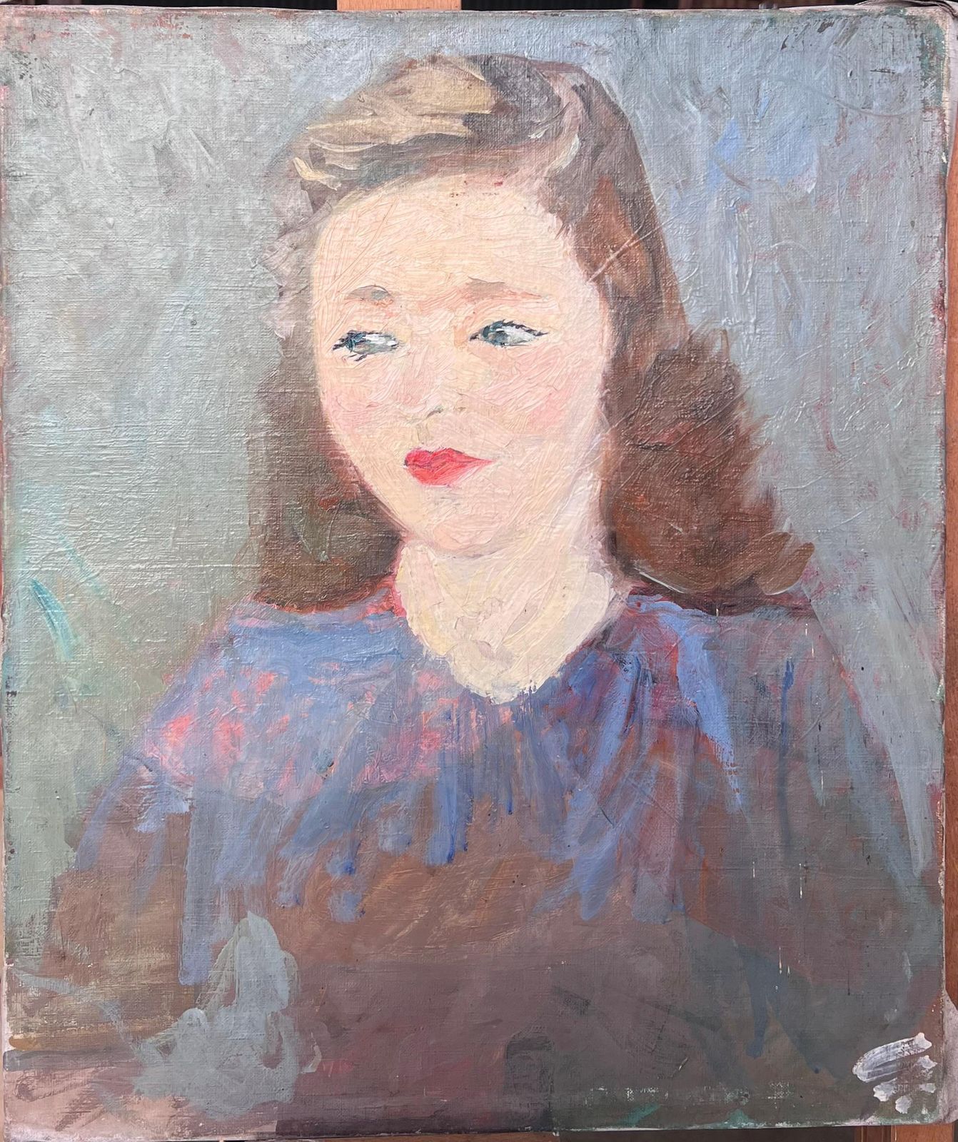 Suzanne Dinkesbrunette Lady With Red Lipstick In Blue Mid Century French Painting Portrait1950's photo for sale
