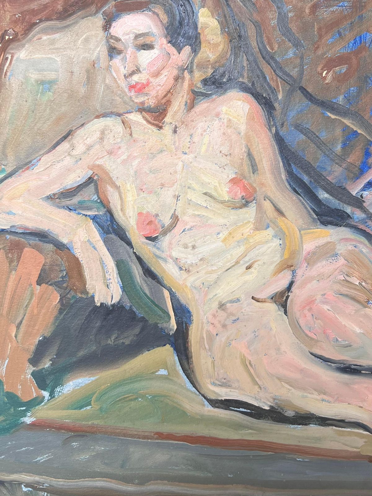 Suzanne Dinkesnude Portrait Of A Lady Posed Laying On The Sofa Mid Century French Painting1950's photo for sale