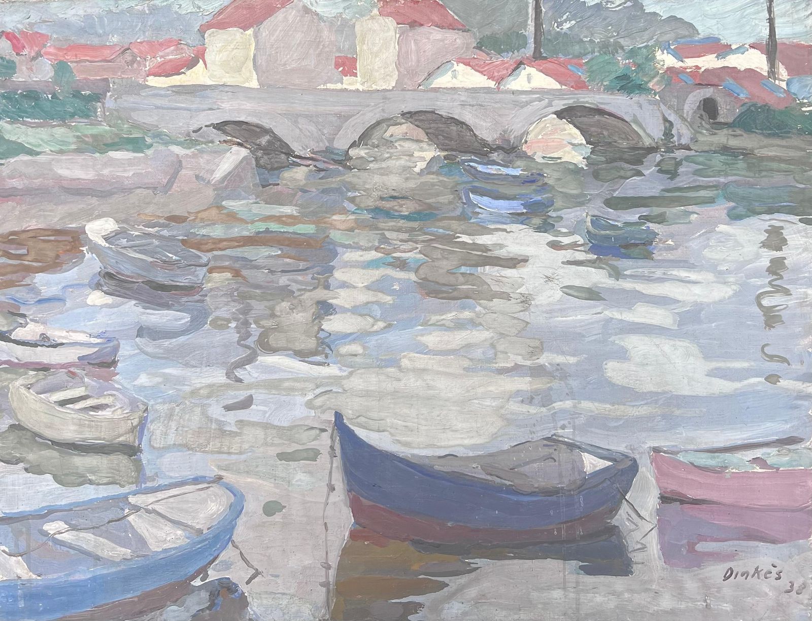 Suzanne Dinkesgrey Stone Bridge Arch Bridge Boat Canal French Impressionist Painting1950's