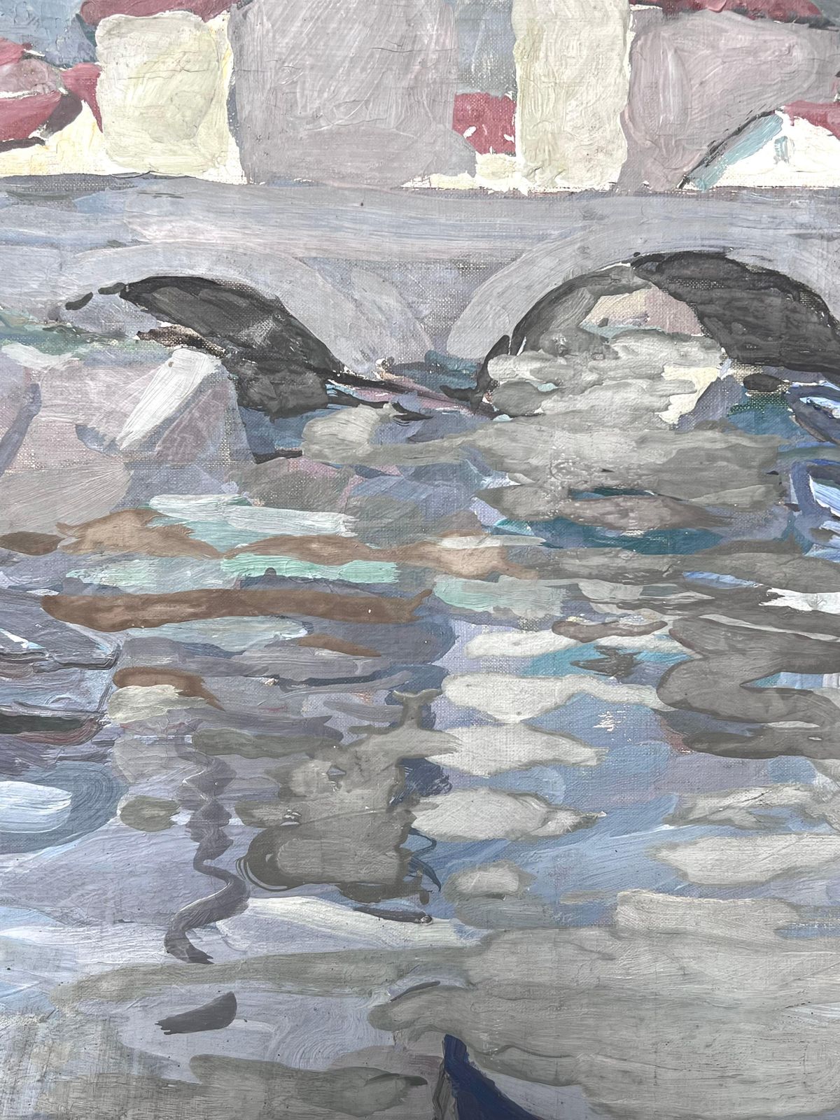 Suzanne Dinkesgrey Stone Bridge Arch Bridge Boat Canal French Impressionist Painting1950's photo vinterior