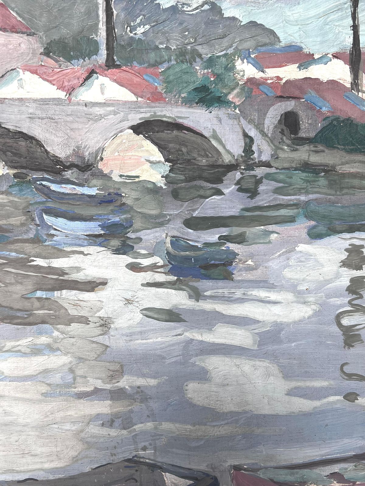 Suzanne Dinkesgrey Stone Bridge Arch Bridge Boat Canal French Impressionist Painting1950's photo buy